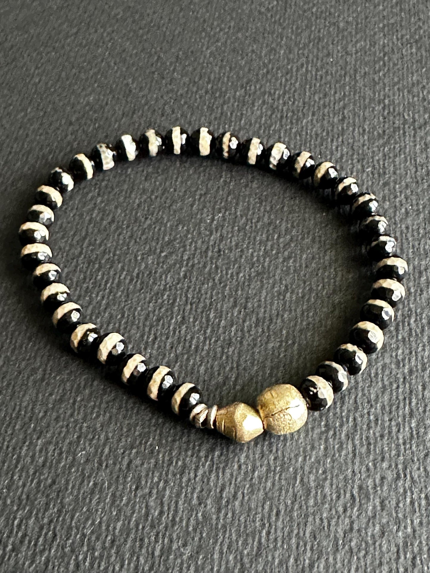XL Unisex Black and White Agate with Silver Ethiopian Accent Beads