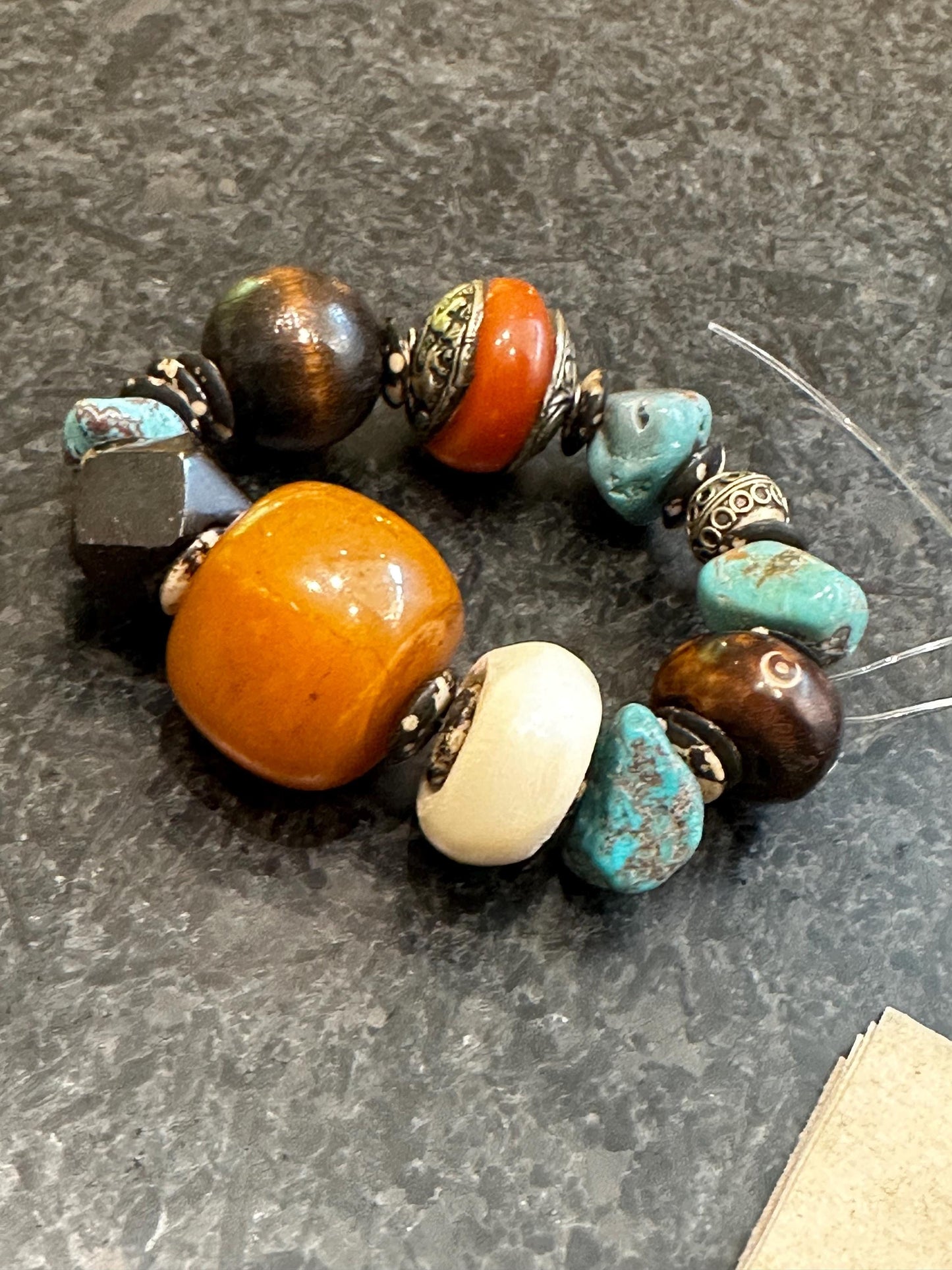 Handcrafted Tribal Boho Bracelet • Chunky Orange Focal Bead, Bone & Turquoise