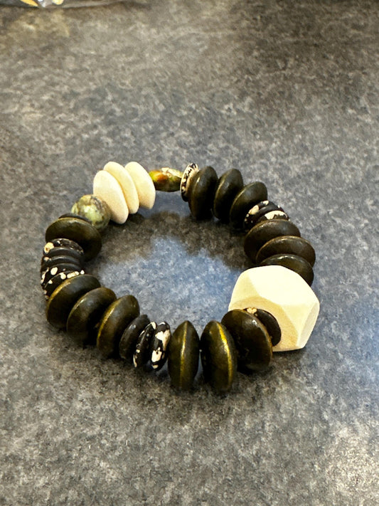 Green Brown and Creamy Beaded Bracelet | Wood Bone and Turquoise Beads, Unisex Bohemian Jewelry