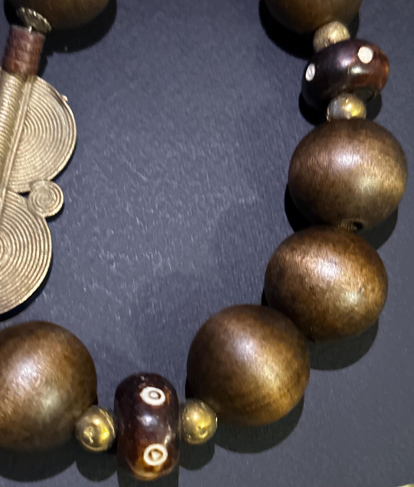 Brown (24 mm) Wooden Beads and with Bone and  Brass Sundial  Beaded Necklace