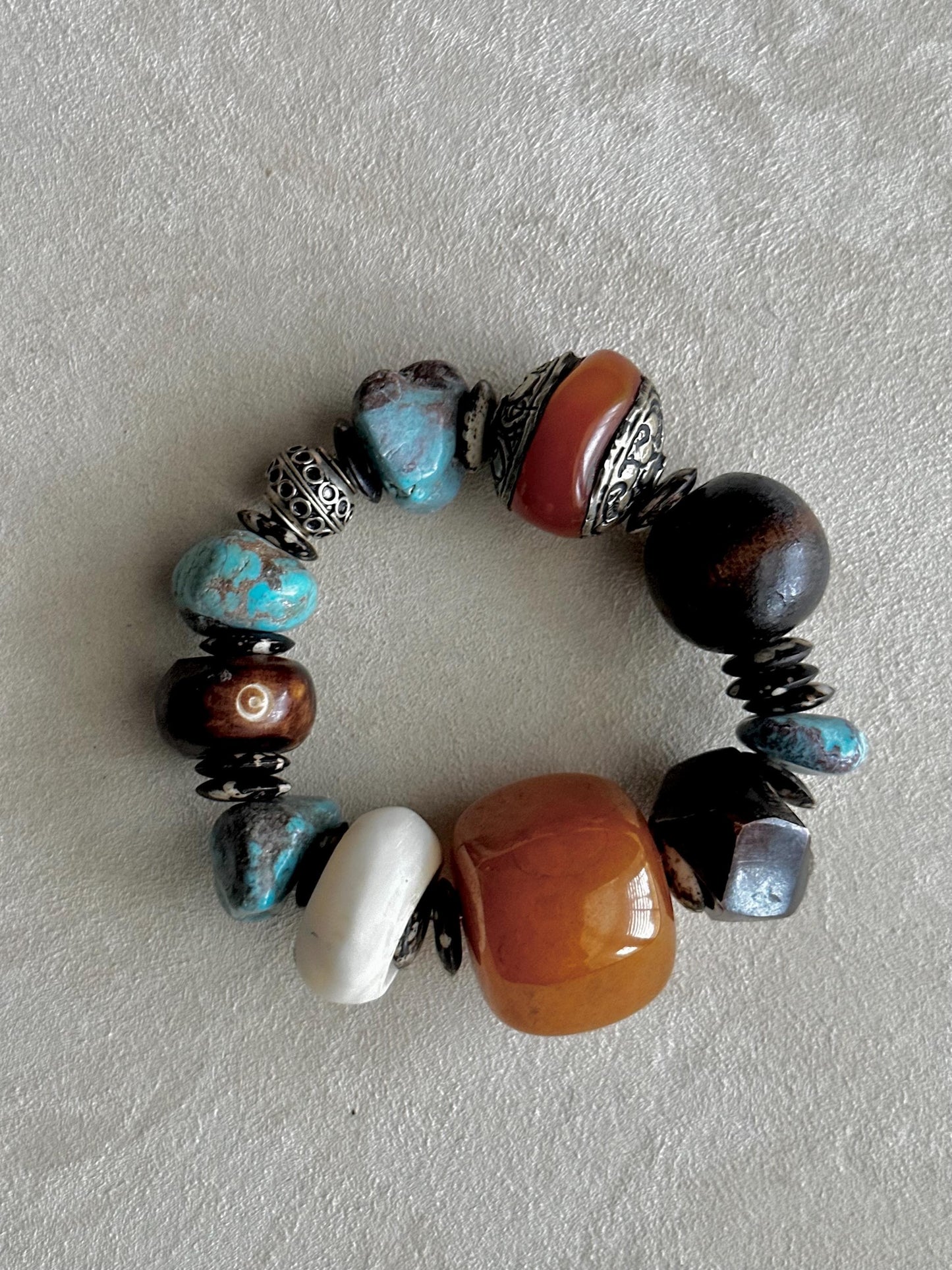 Handcrafted Tribal Boho Bracelet • Chunky Orange Focal Bead, Bone & Turquoise
