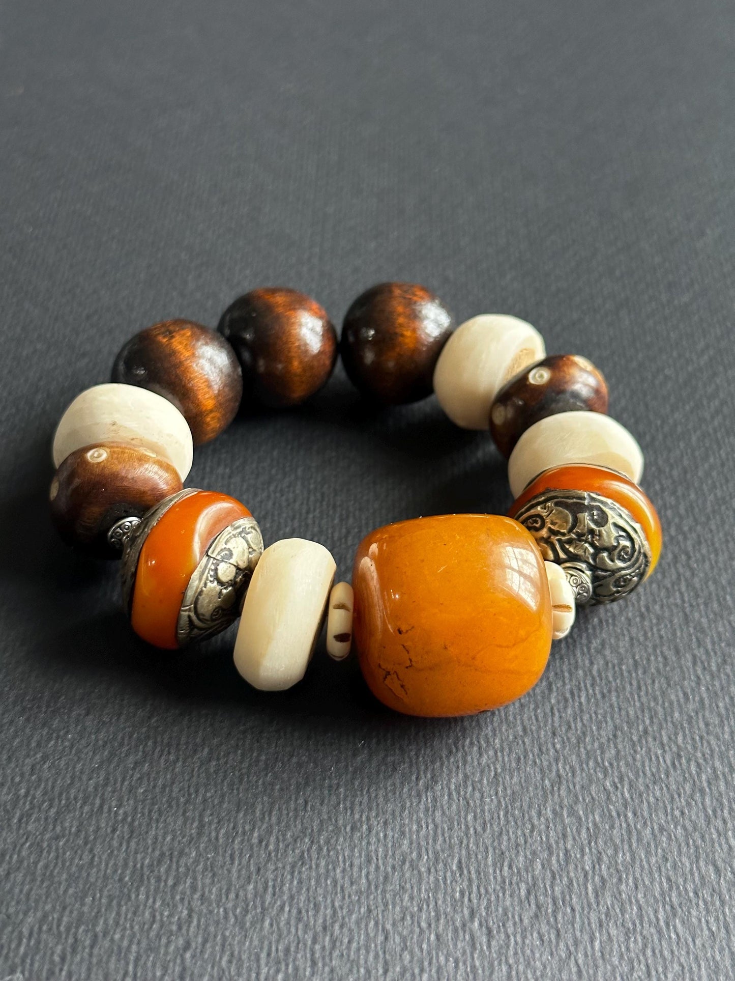 Earthy Unisex Beaded Bracelet • Orange Resin, Bone, Wood, Metal • 7.5 Inch