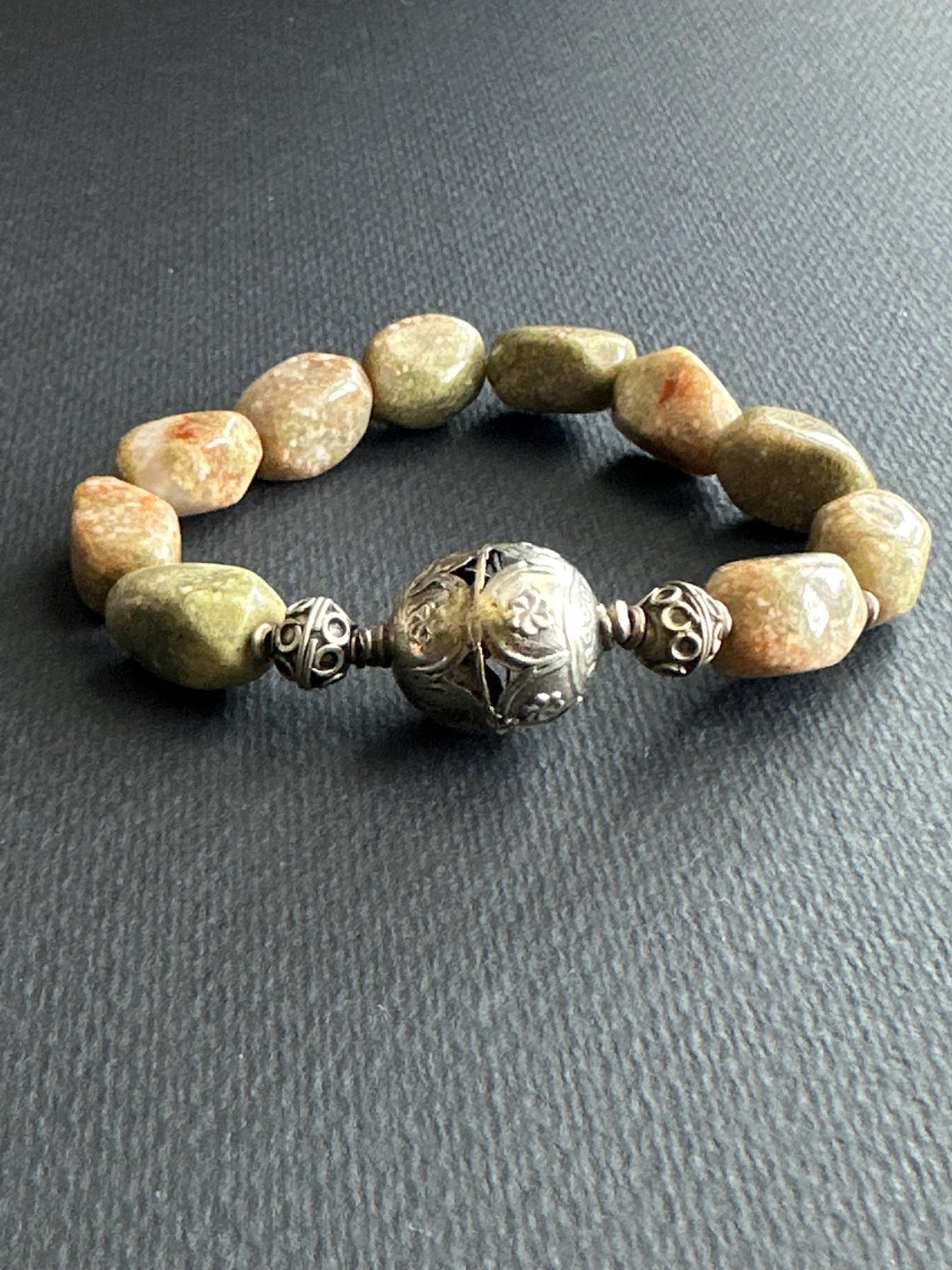 Earthtone Nugget Bracelet: Ornate Silver Focal, Handmade Gemstone Beads