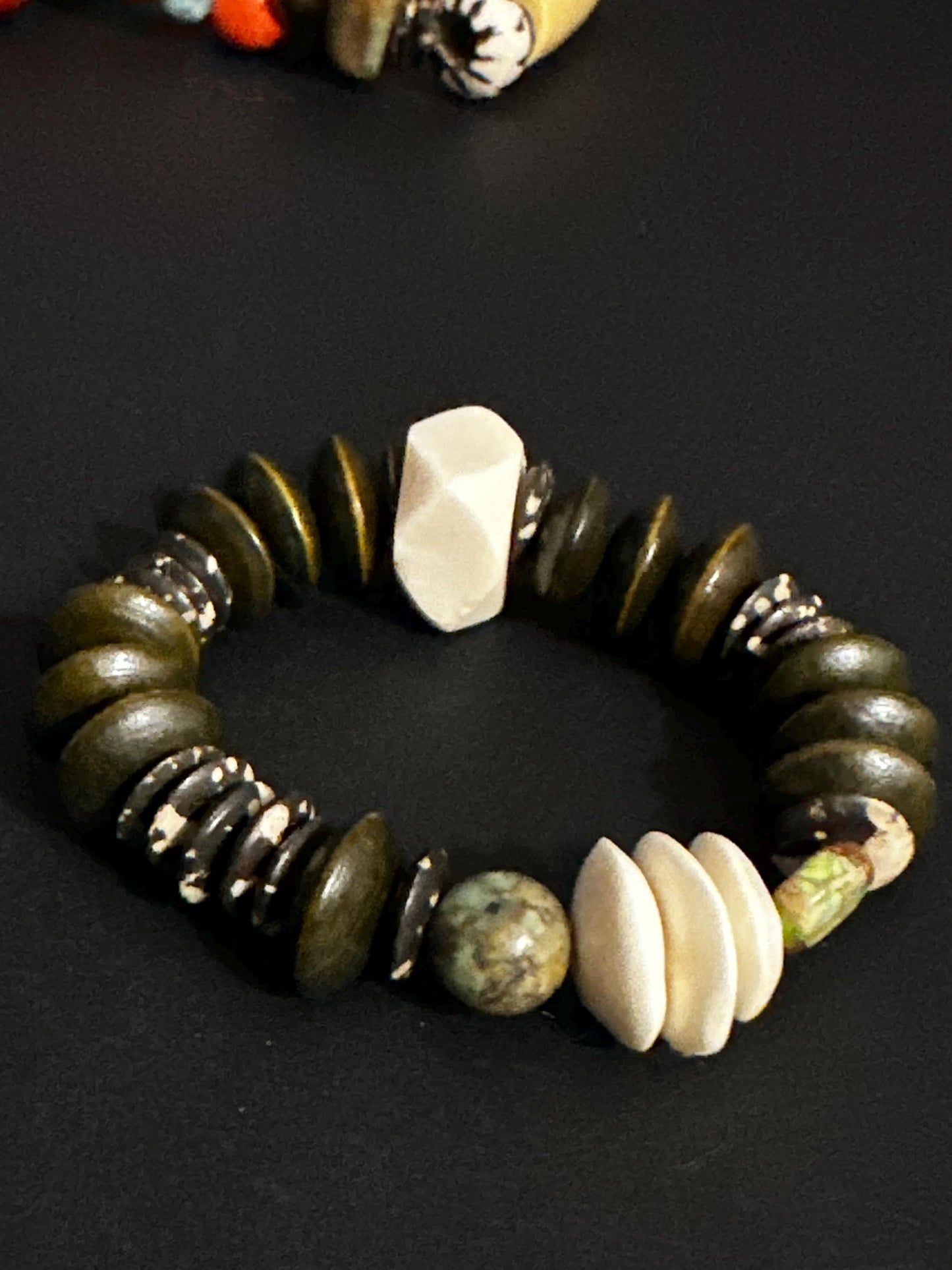 Green Brown and Creamy Beaded Bracelet | Wood Bone and Turquoise Beads, Unisex Bohemian Jewelry