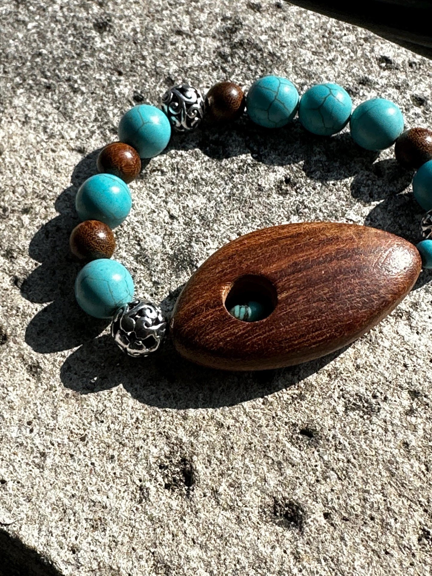 Turquoise Howlite Beaded Bracelet with Wooden Geometric Focal Bead