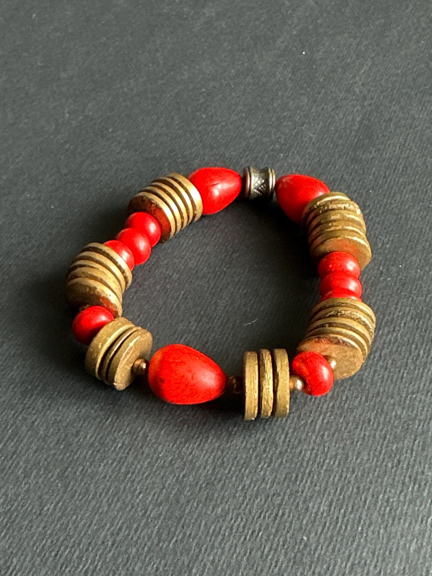 Red Teardrop Beaded Bracelet | Bronze Disc Boho Jewelry
