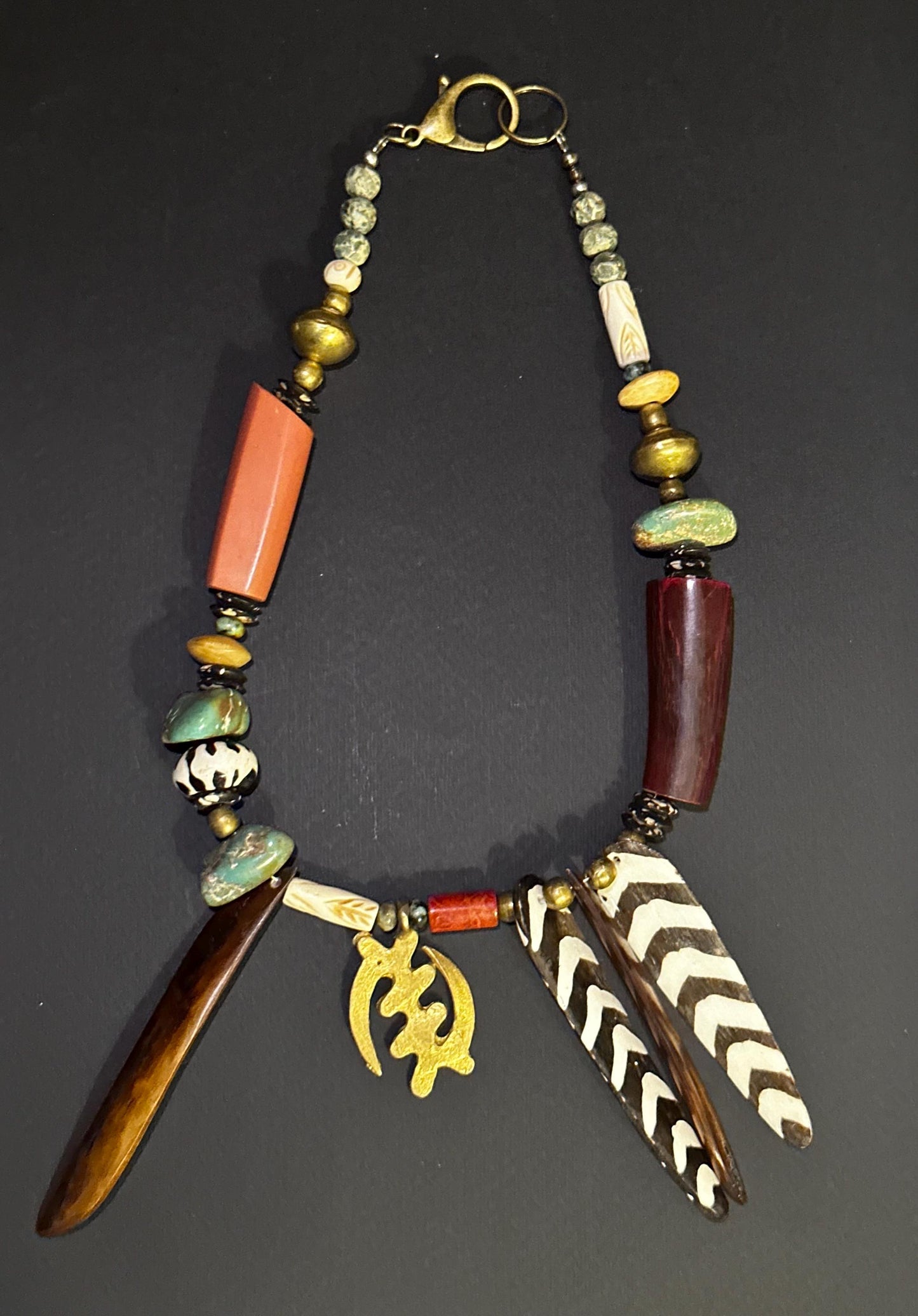 Tribal Boho Statement Necklace • Mixed Materials • Handcrafted Ethnic-Inspired Necklace • Bone, Brass & Natural Beads • One-of-a-Kind
