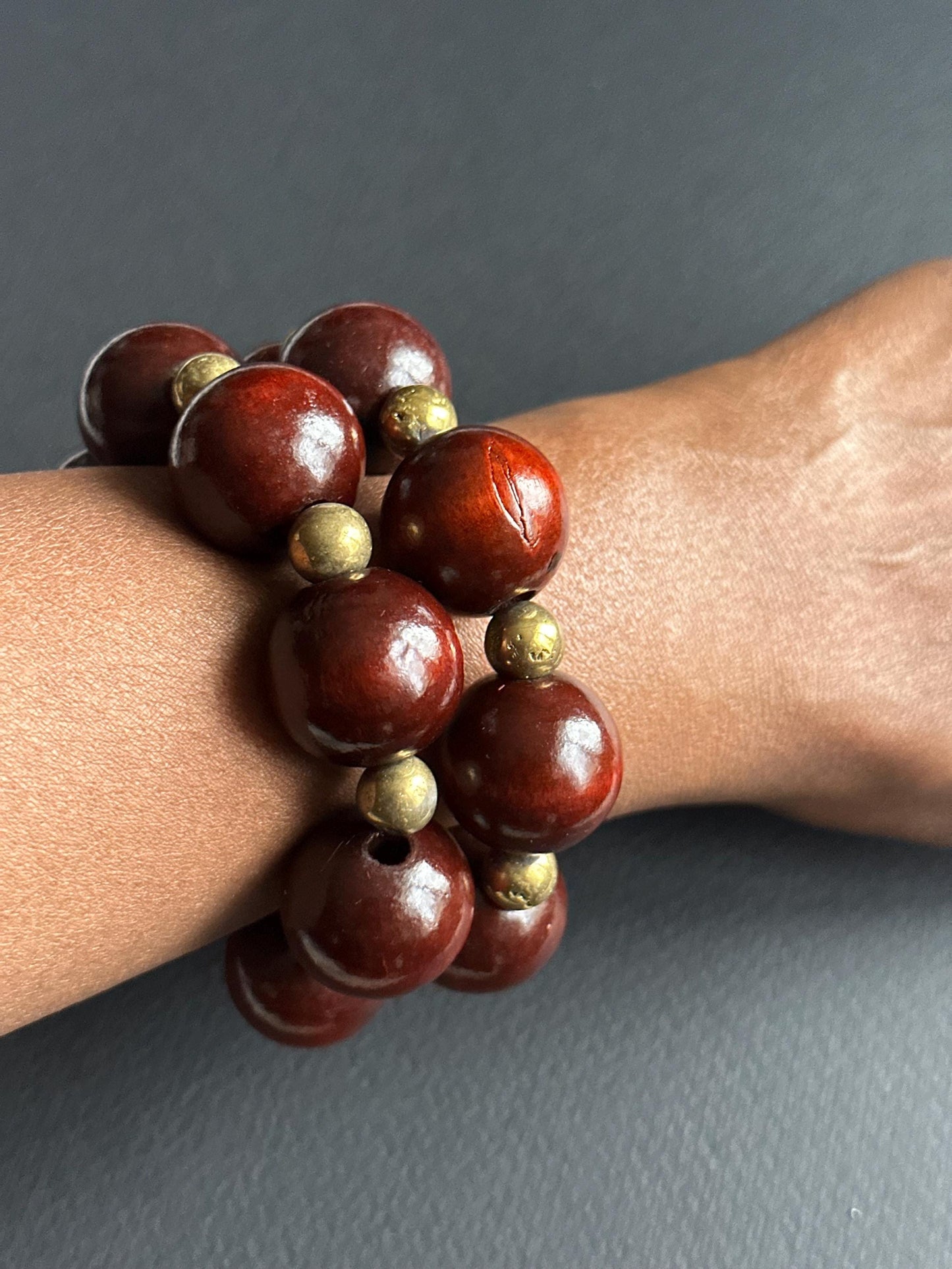 Large Brown Wood Unisex Beaded Bracelet with Gold Matte Agate Beads