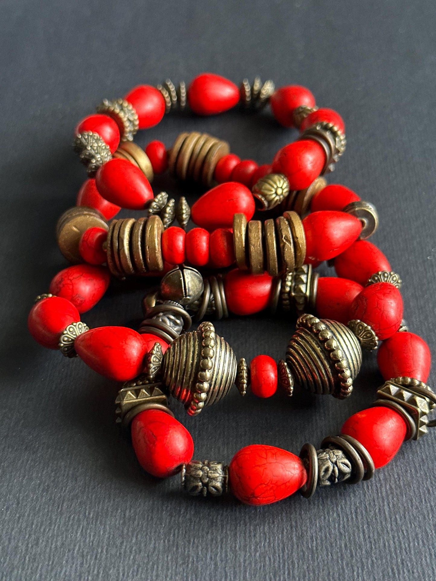 Red Teardrop Beaded Bracelet | Bronze Disc Boho Jewelry