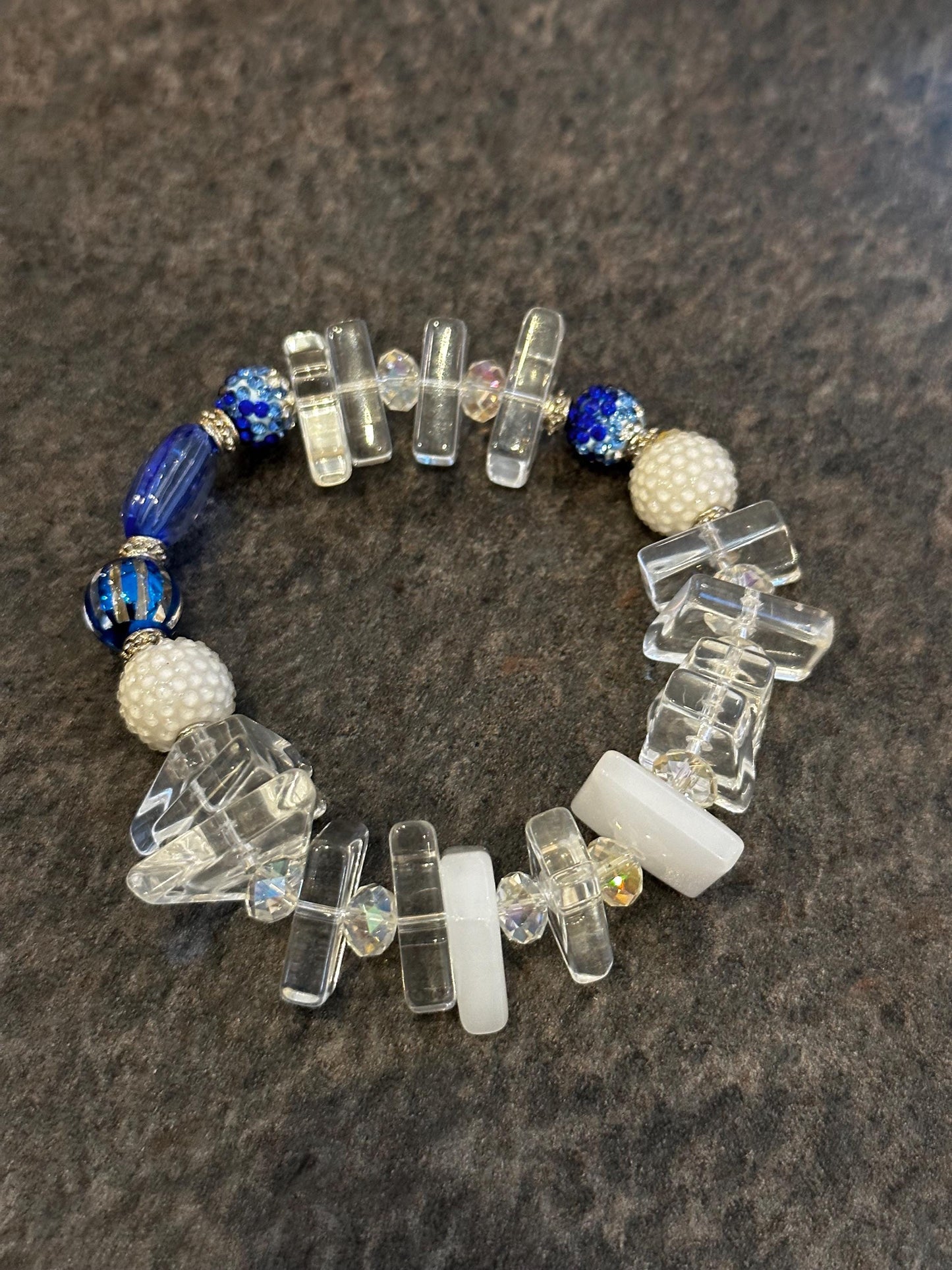 Handmade Blue Art Glass Bracelet • Acrylic Geometric Beads, Pearl Accents