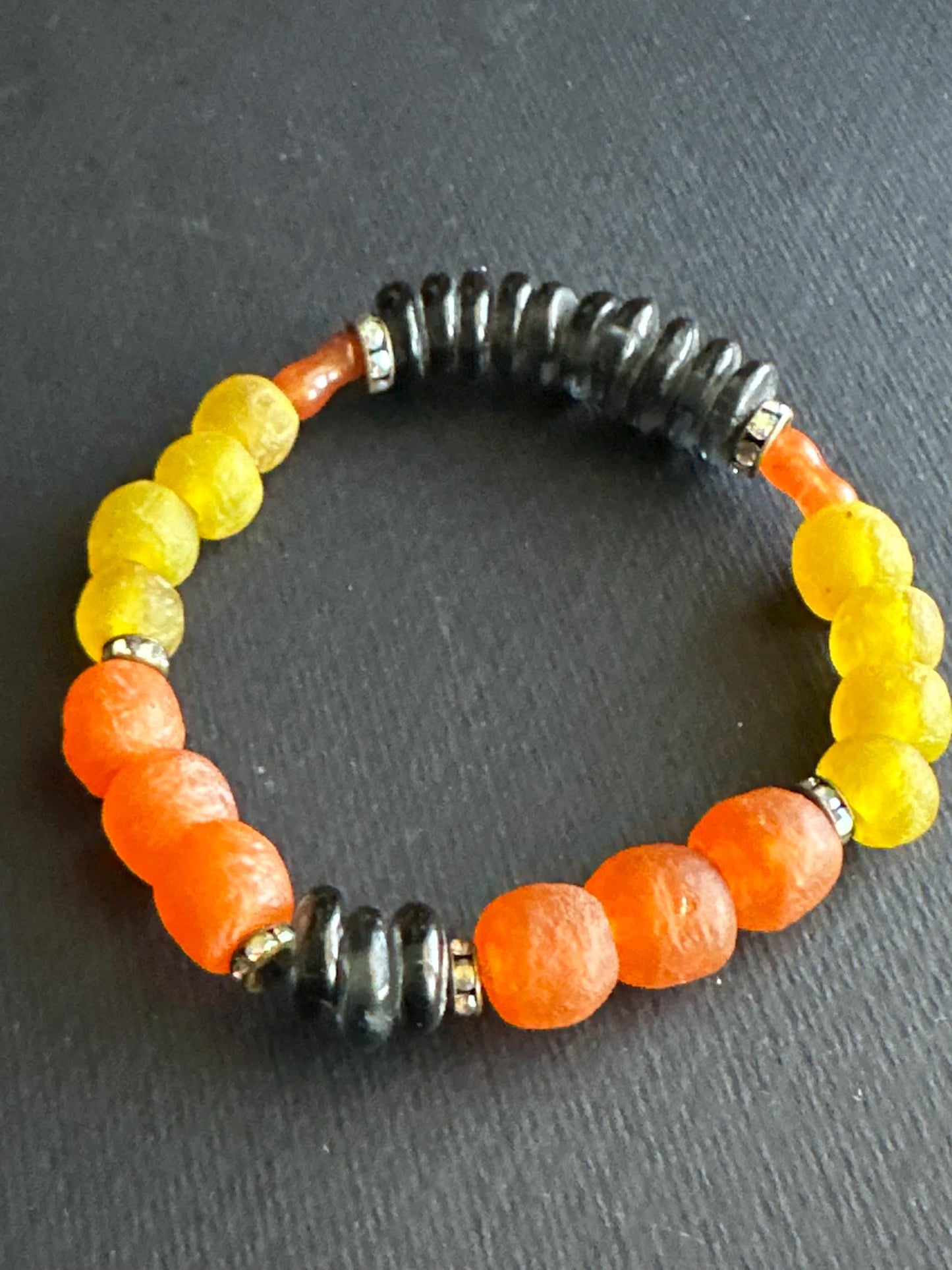 Brown Orange and Yellow Recycled African Glass Bead Bracelet | Boho Unisex Stretch Bracelet | Earthy Statement Jewelry