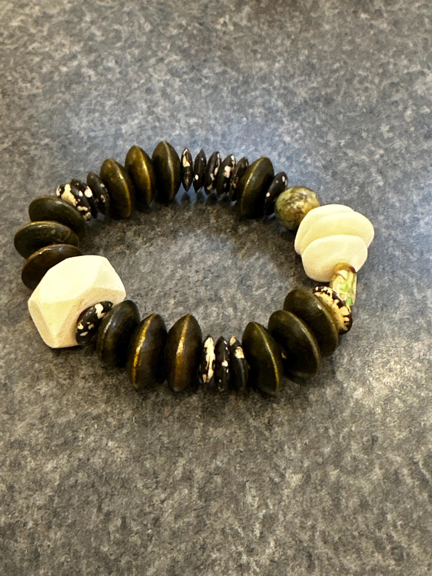 Green Brown and Creamy Beaded Bracelet | Wood Bone and Turquoise Beads, Unisex Bohemian Jewelry