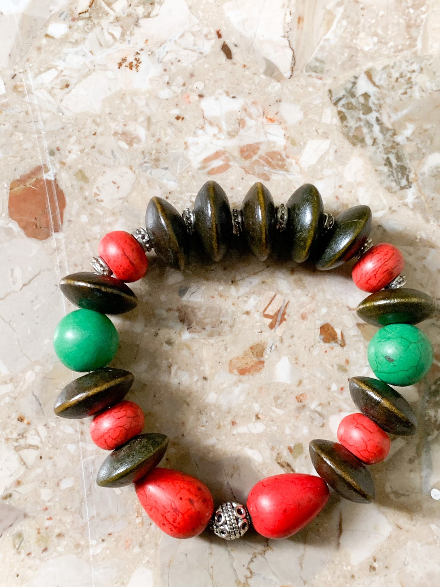 Red Green and Brown Wood Bracelet Unisex Bracelet for Men and Women