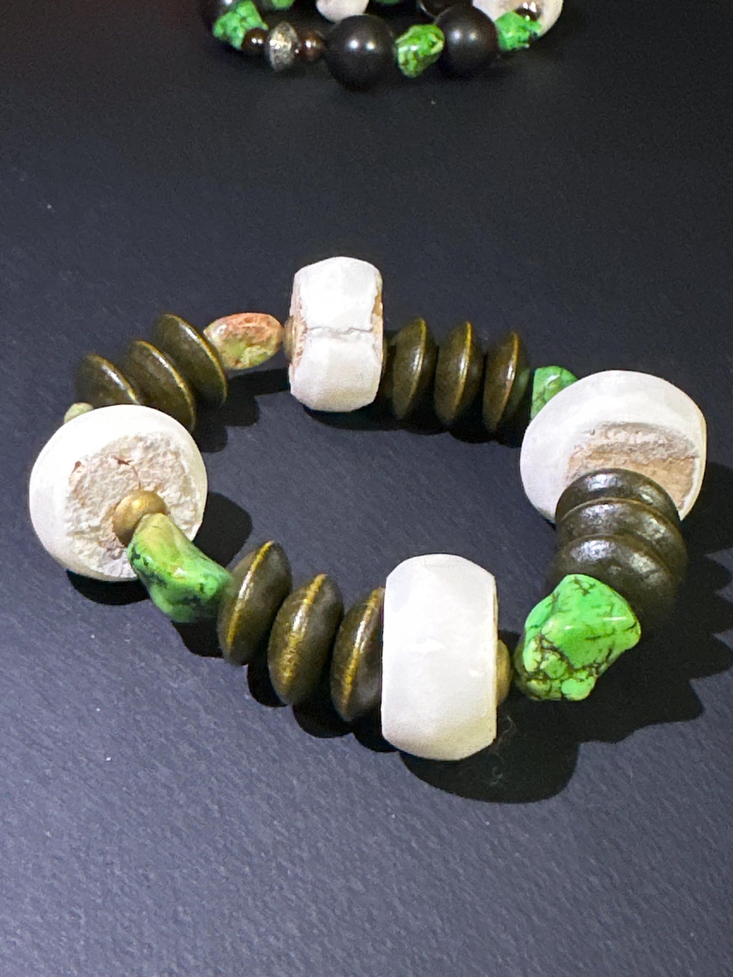 Green Brown and Creamy Beaded Bracelet | Wood Bone and Howlite Beads, Unisex Bohemian Jewelry