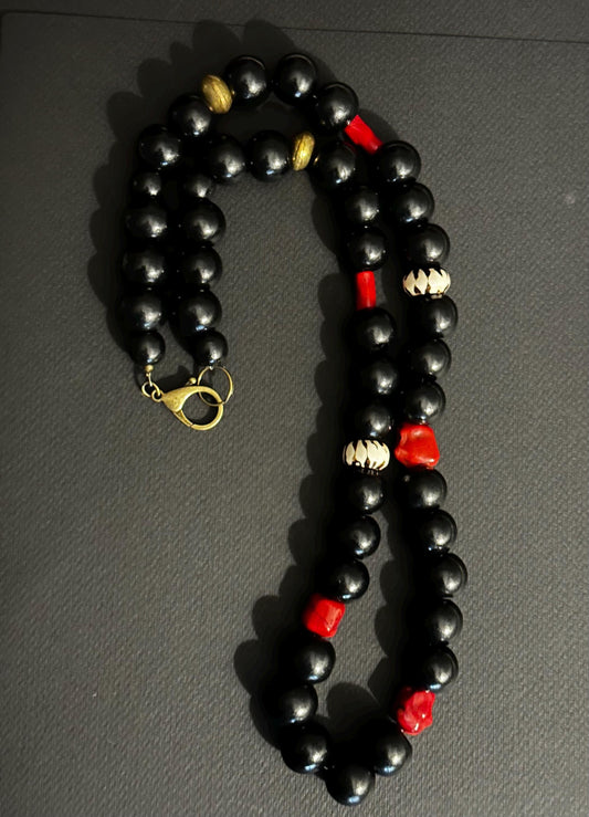 Black (24 mm) Wooden Beads and Red Coral Beaded Necklace