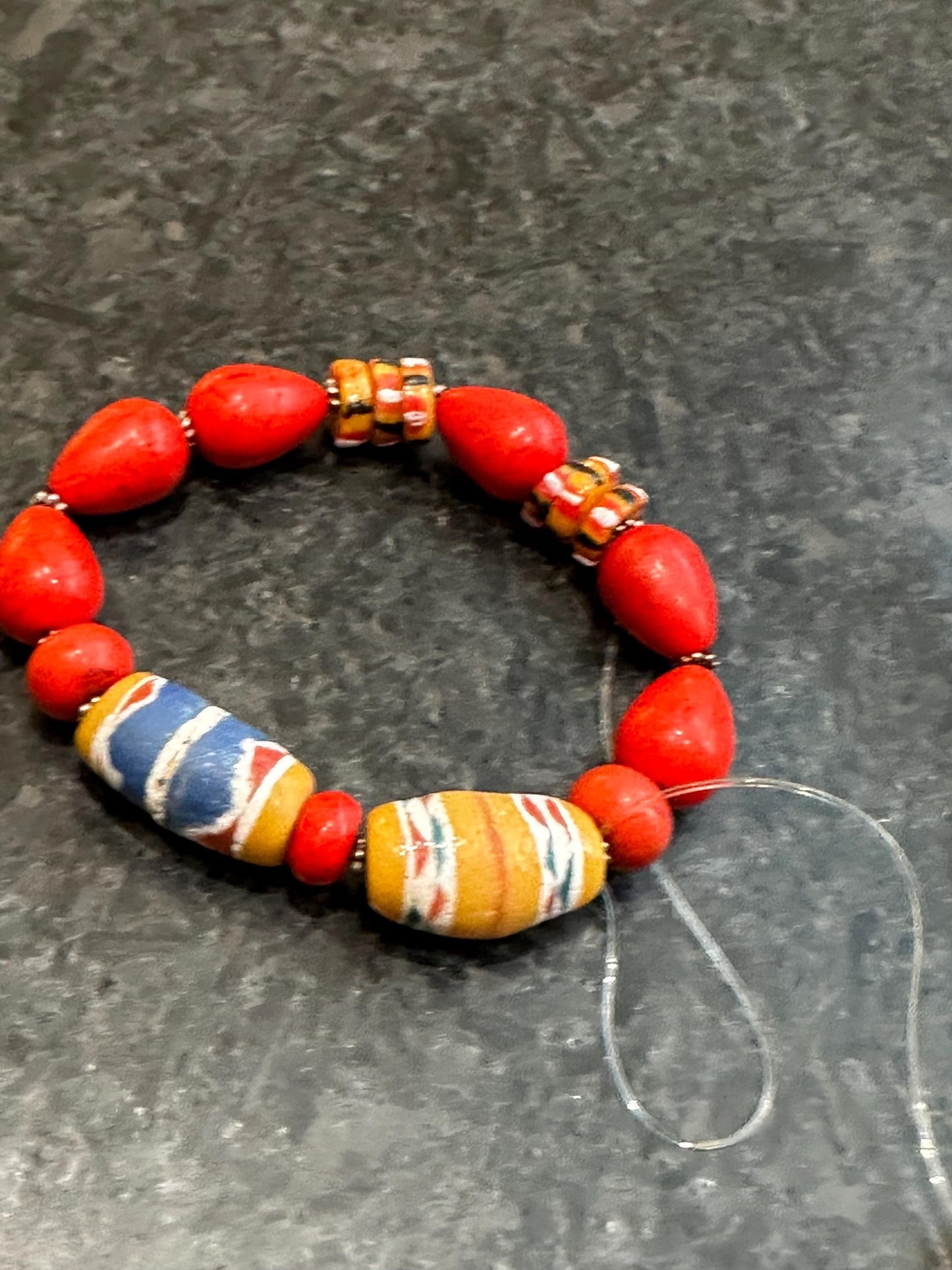 Red Teardrop Beaded Bracelet | Bronze Disc Boho Jewelry