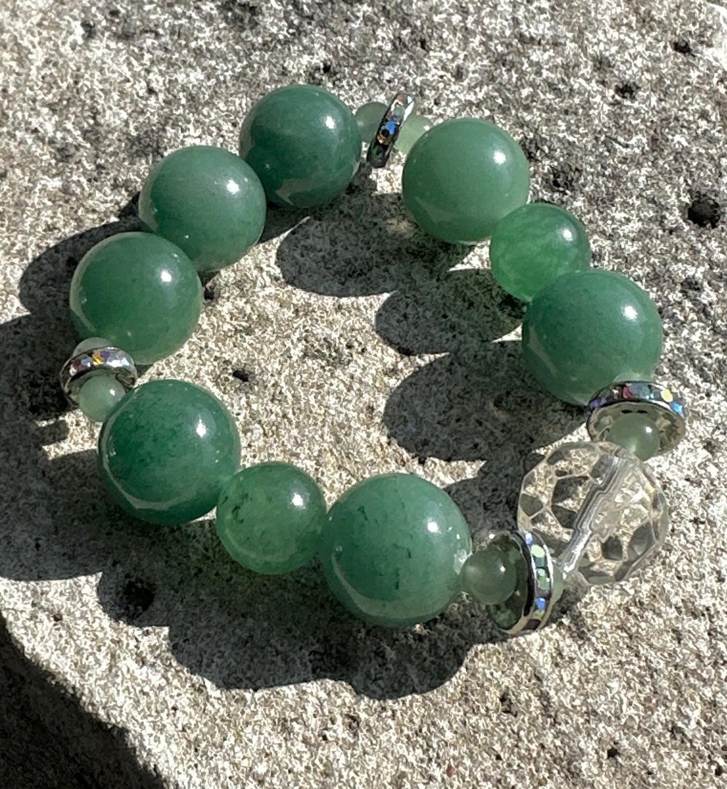 Chunky Green Aventurine Bracelet with Clear and Rhinestone Accent Beads