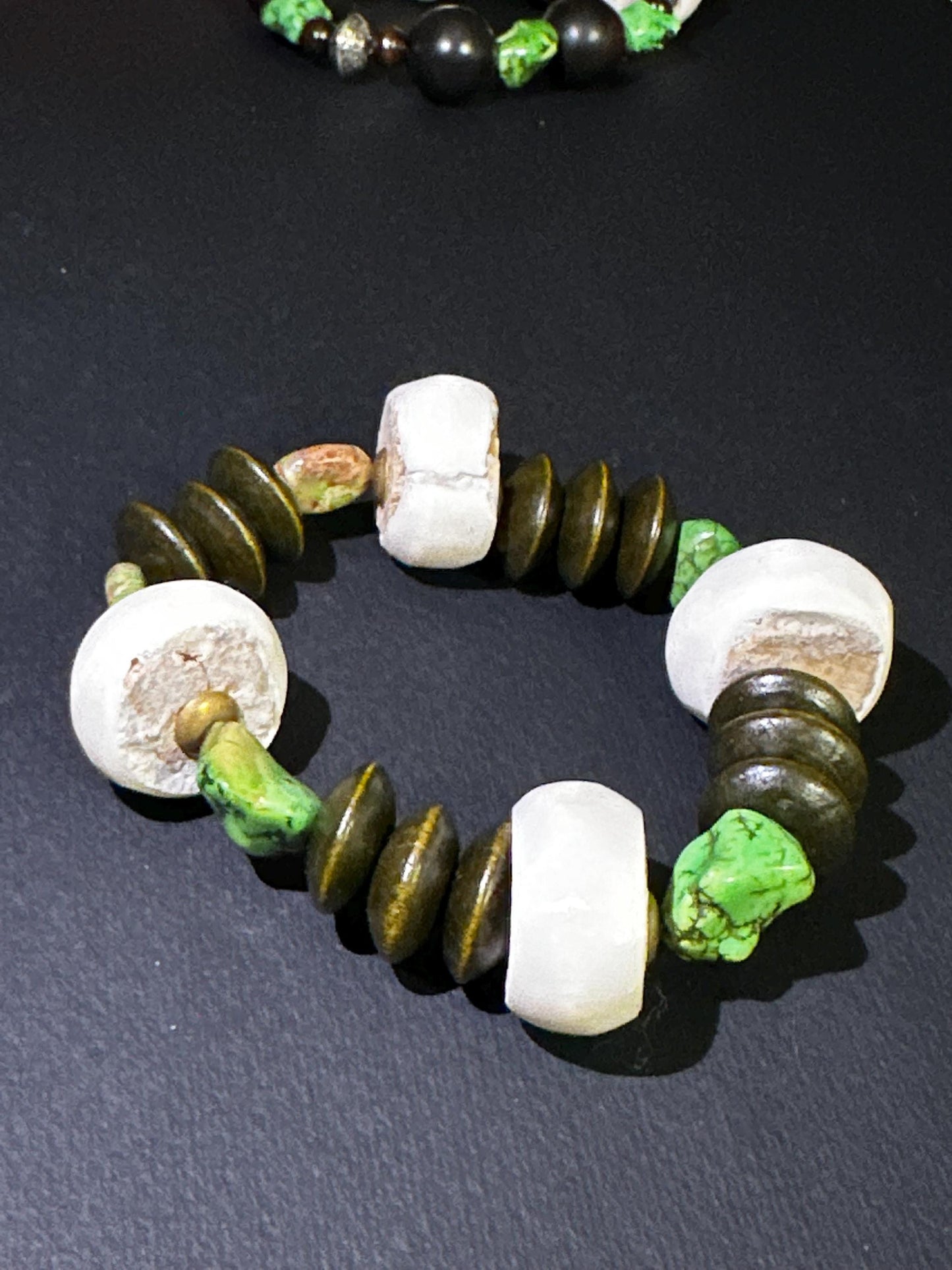 Green Brown and Creamy Beaded Bracelet | Wood Bone and Howlite Beads, Unisex Bohemian Jewelry