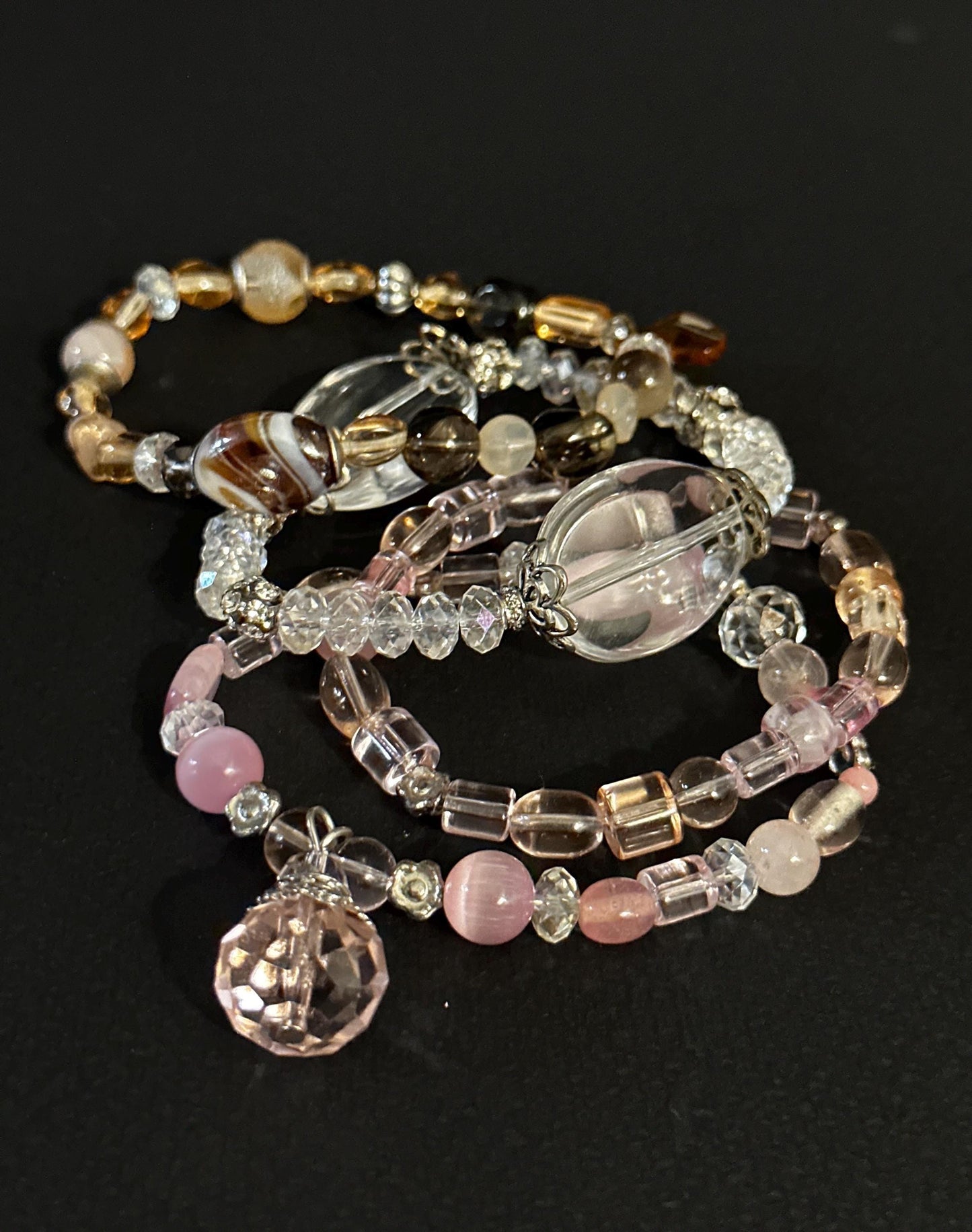 Handmade Pink & Brown Glass Beaded Bracelet Set with Crystal Accents OOAK