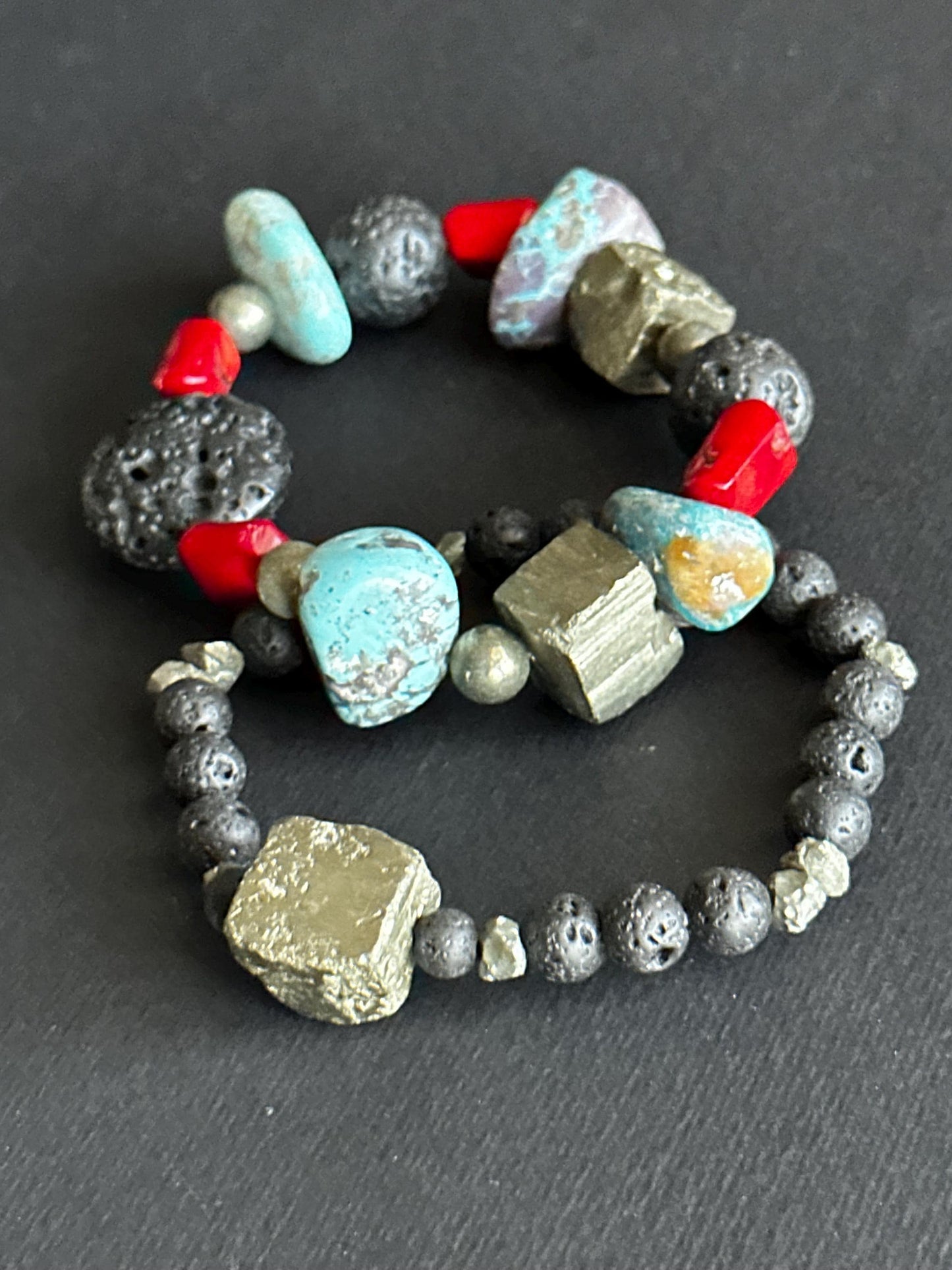 Boho Lava & Turquoise Beaded Bracelet | Pyrite Accent, Handmade
