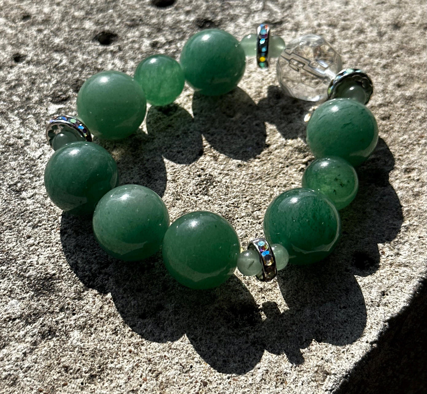 Chunky Green Aventurine Bracelet with Clear and Rhinestone Accent Beads
