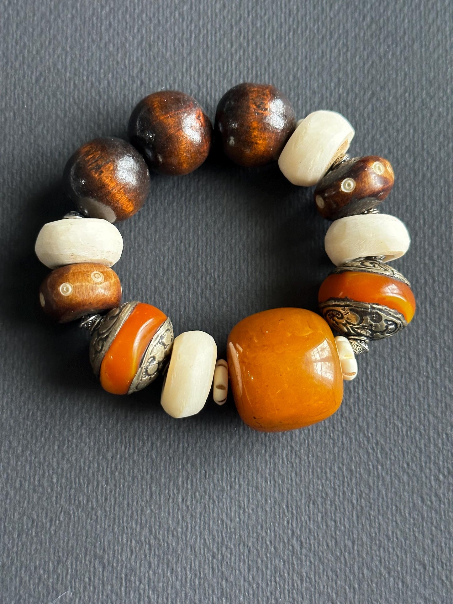 Earthy Unisex Beaded Bracelet • Orange Resin, Bone, Wood, Metal • 7.5 Inch