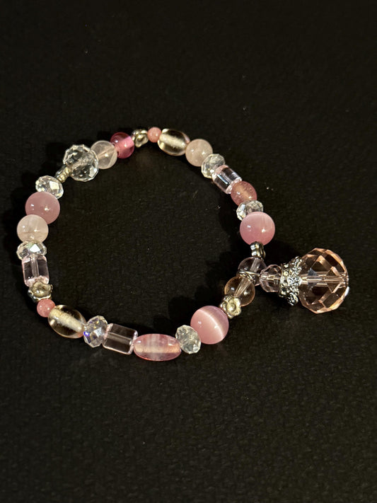 Handmade Pink & Brown Glass Beaded Bracelet Set with Crystal Accents OOAK