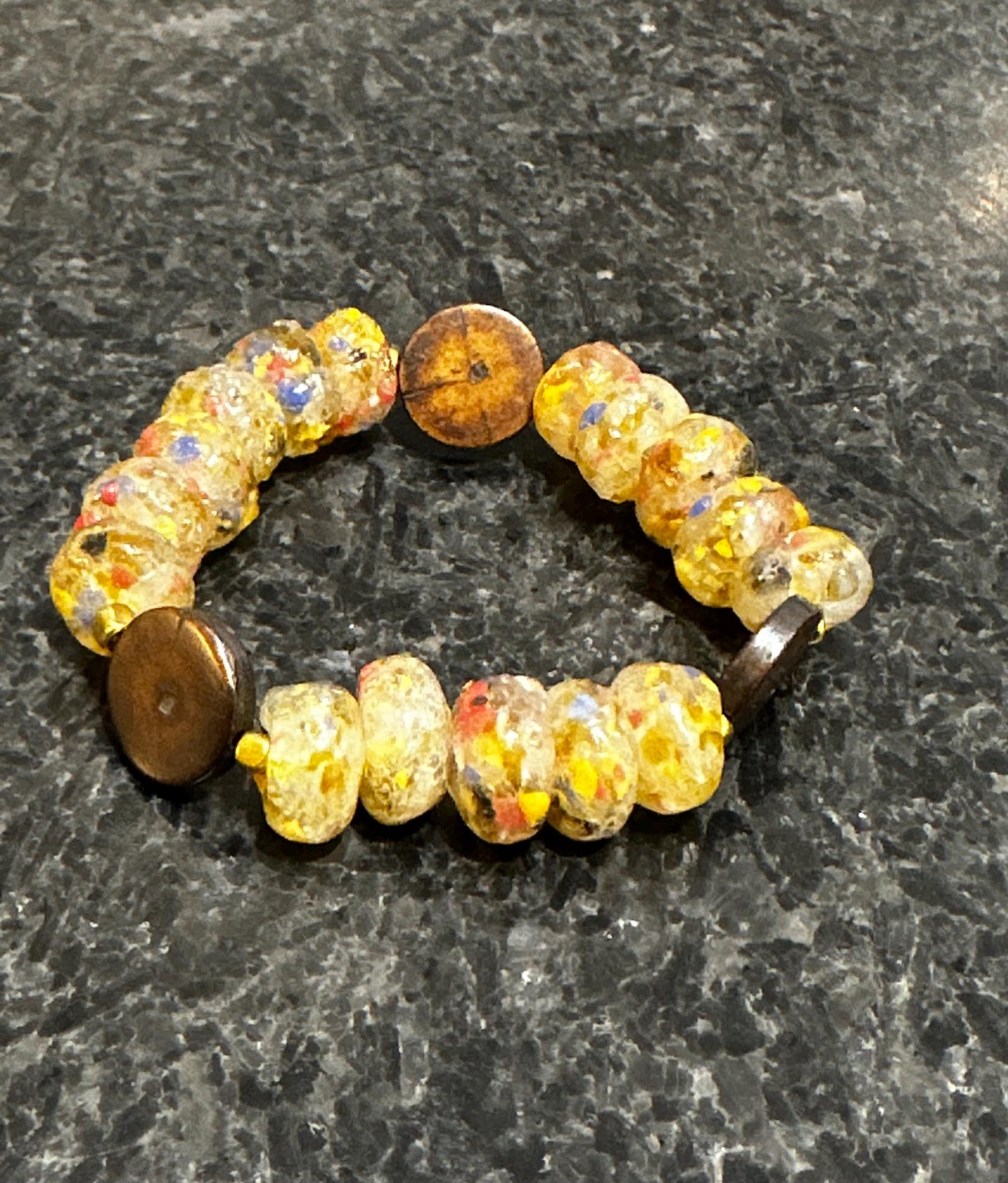 Yellow Recycled Glass Beaded Bracelet | Boho Wood Accent Jewelry