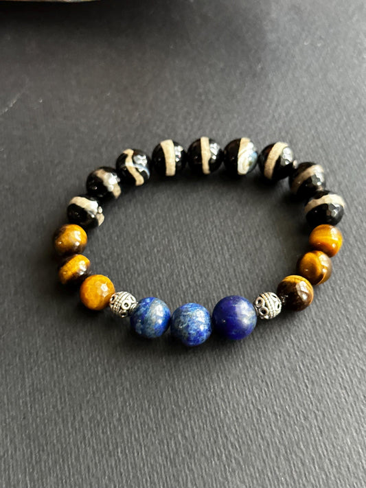 Unisex Black and White Agate with Tiger’s Eye and Lapis Beaded Bracelet for Women and Men