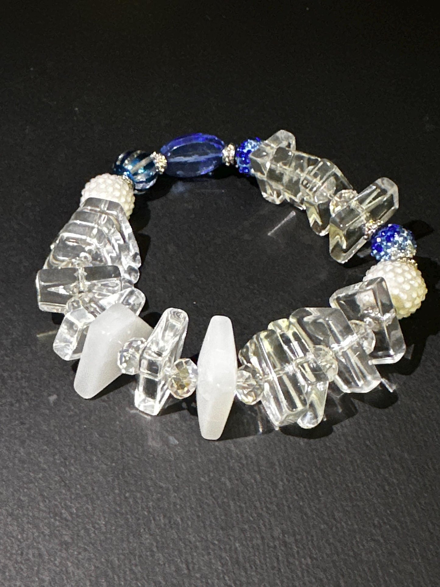 Handmade Blue Art Glass Bracelet • Acrylic Geometric Beads, Pearl Accents