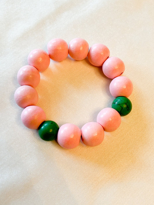 Pink and Green Painted Wood Beaded Bracelet