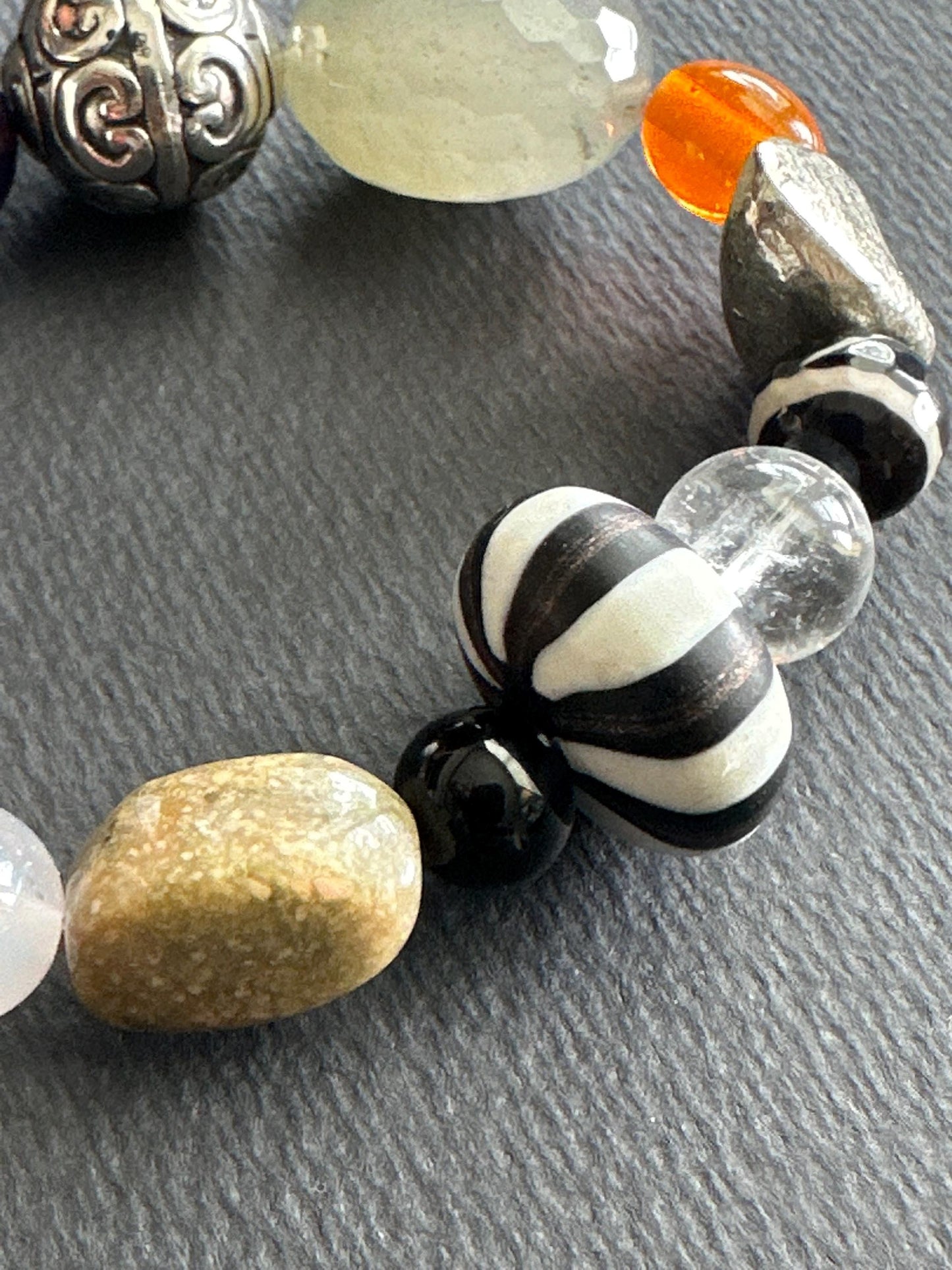 White, Orange, Green, Black & Silver Mixed Material Statement Bracelet – One of a Kind (OOAK