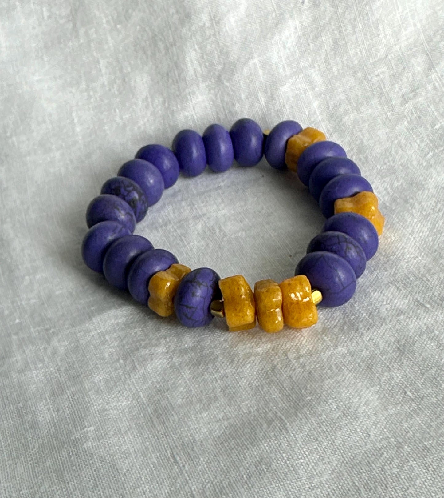 Purple and Gold Unisex Ceramic and Krobo Beaded Stackable Bracelets