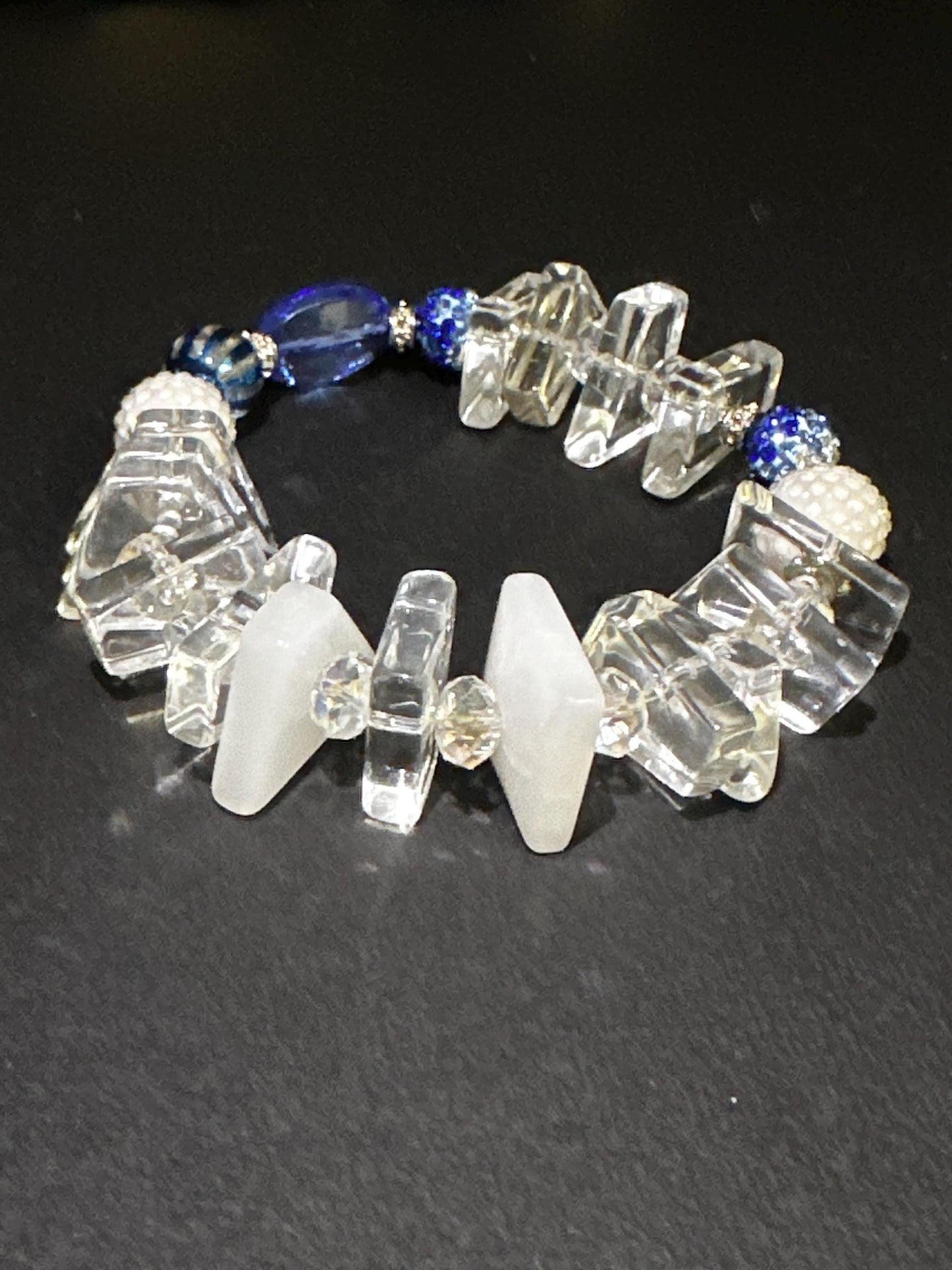 Handmade Blue Art Glass Bracelet • Acrylic Geometric Beads, Pearl Accents