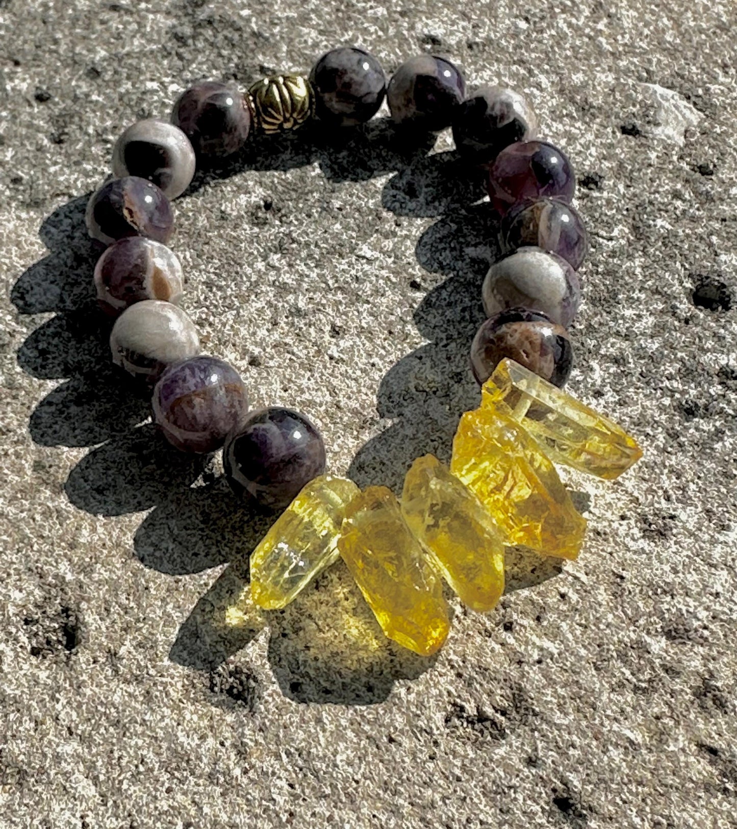 Amethyst & Yellow Quartz Statement Bracelet | One-of-a-Kind Crystal Bracelet | Boho Unisex Jewelry | Handmade by Attrice