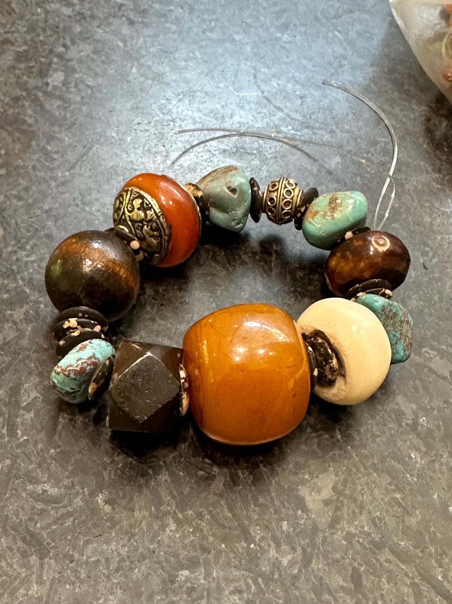 Handcrafted Tribal Boho Bracelet • Chunky Orange Focal Bead, Bone & Turquoise