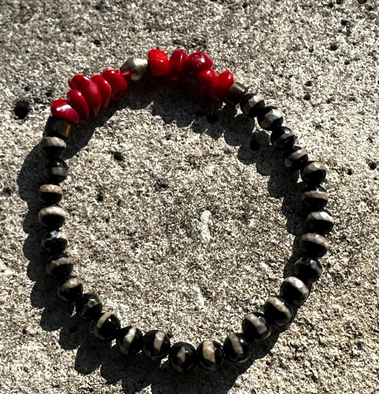 Agate & Red Coral Beaded Bracelet, Unisex Silver Accent