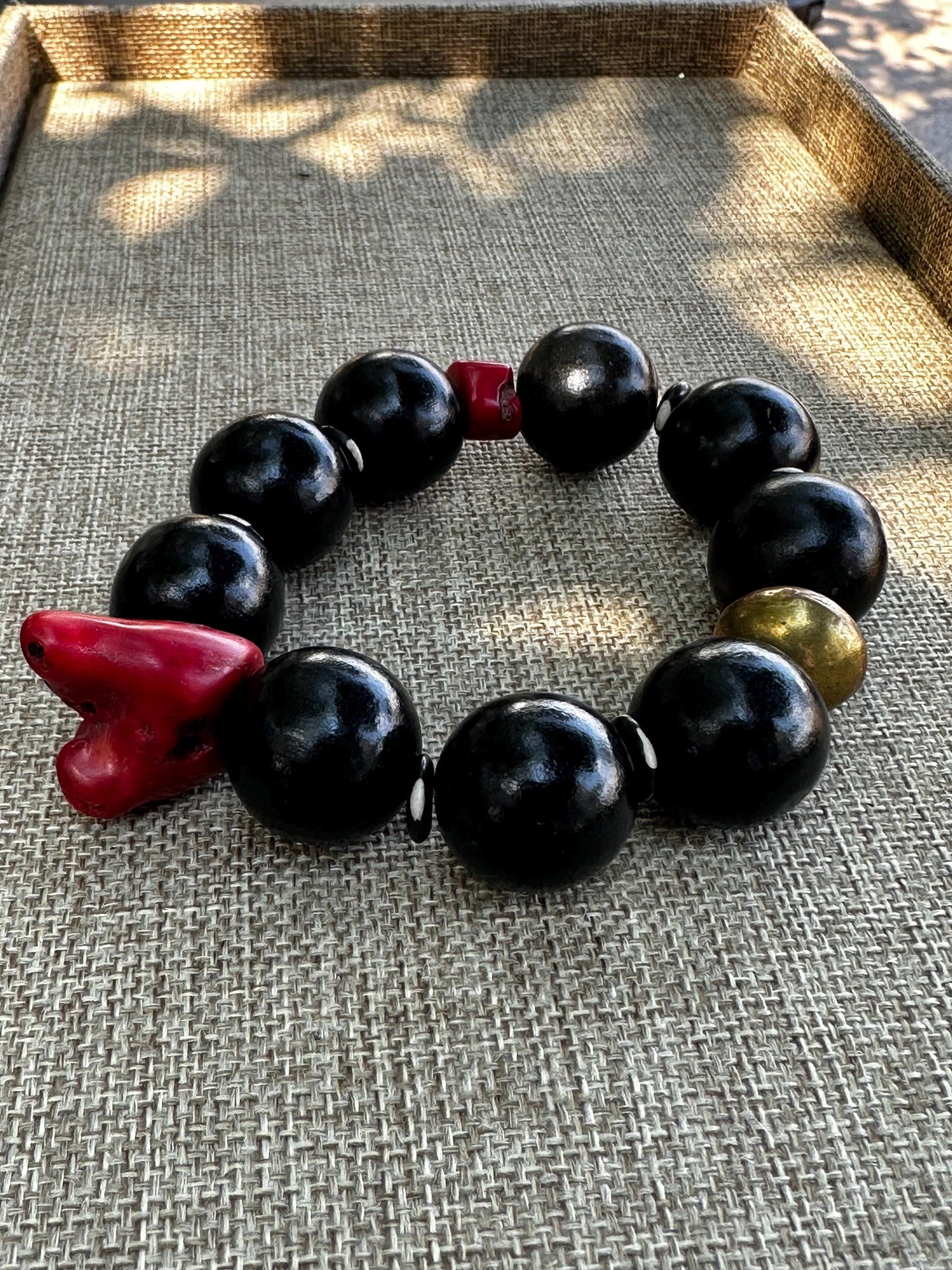 Handmade Black and Red Coral Beaded Statement Stretch Bracelet