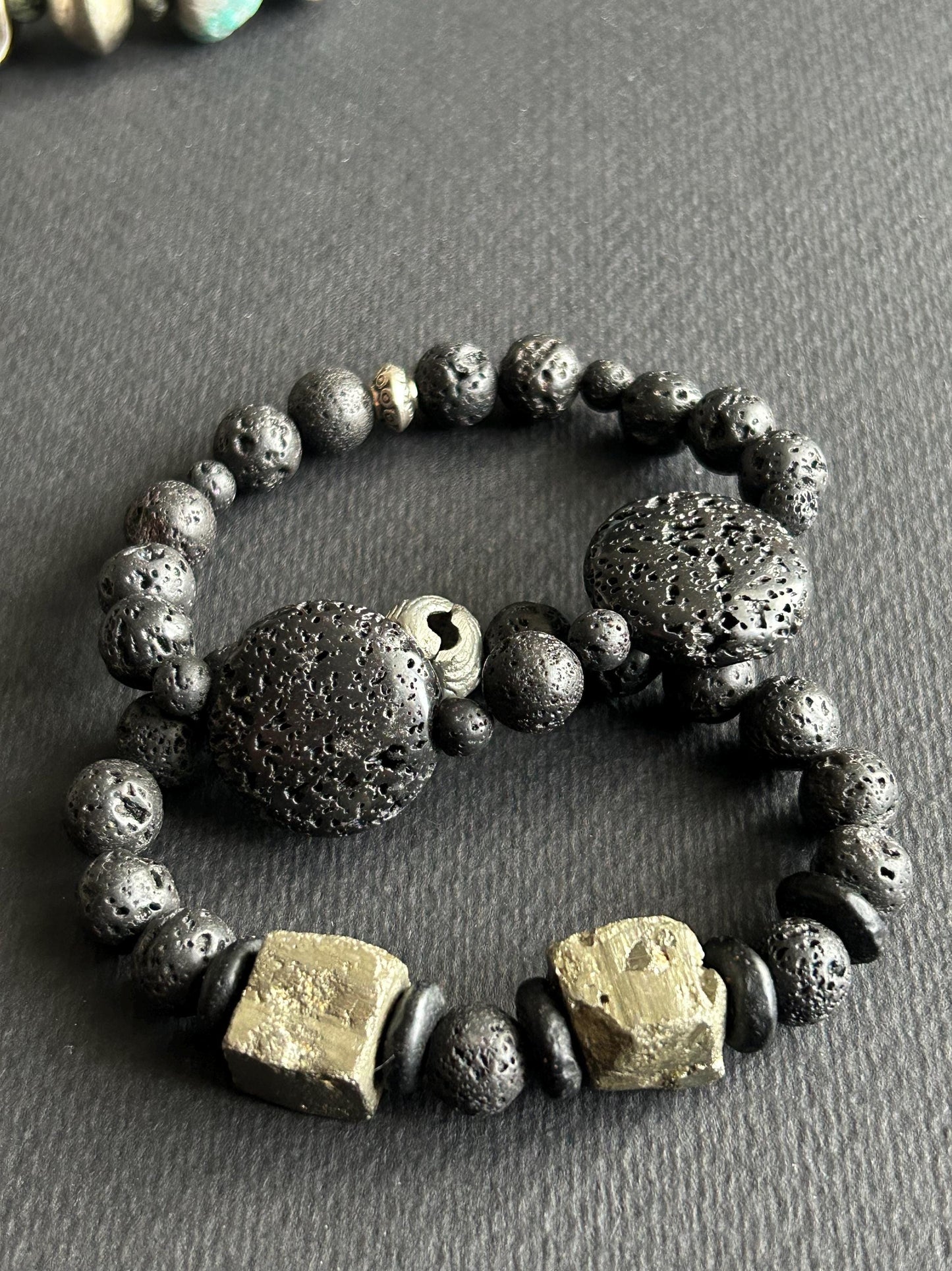 Turquoise & Pyrite Statement Bracelet | One-of-a-Kind Boho Unisex Jewelry | Lava Stone Accent | Handmade by Attrice