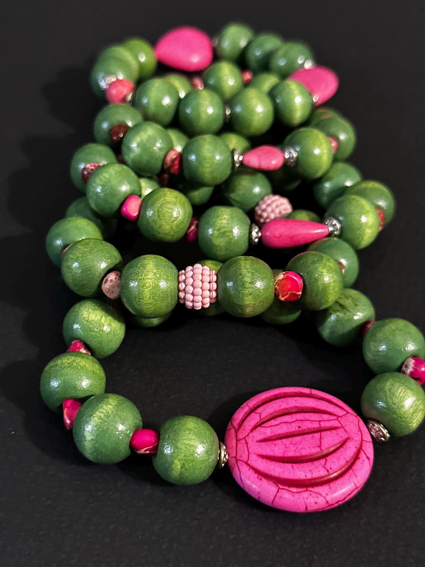 Pink Wood and Green Ceramic Bracelet | Handmade Jewelry | Beaded Bracelet by Trecie’s Shoppe