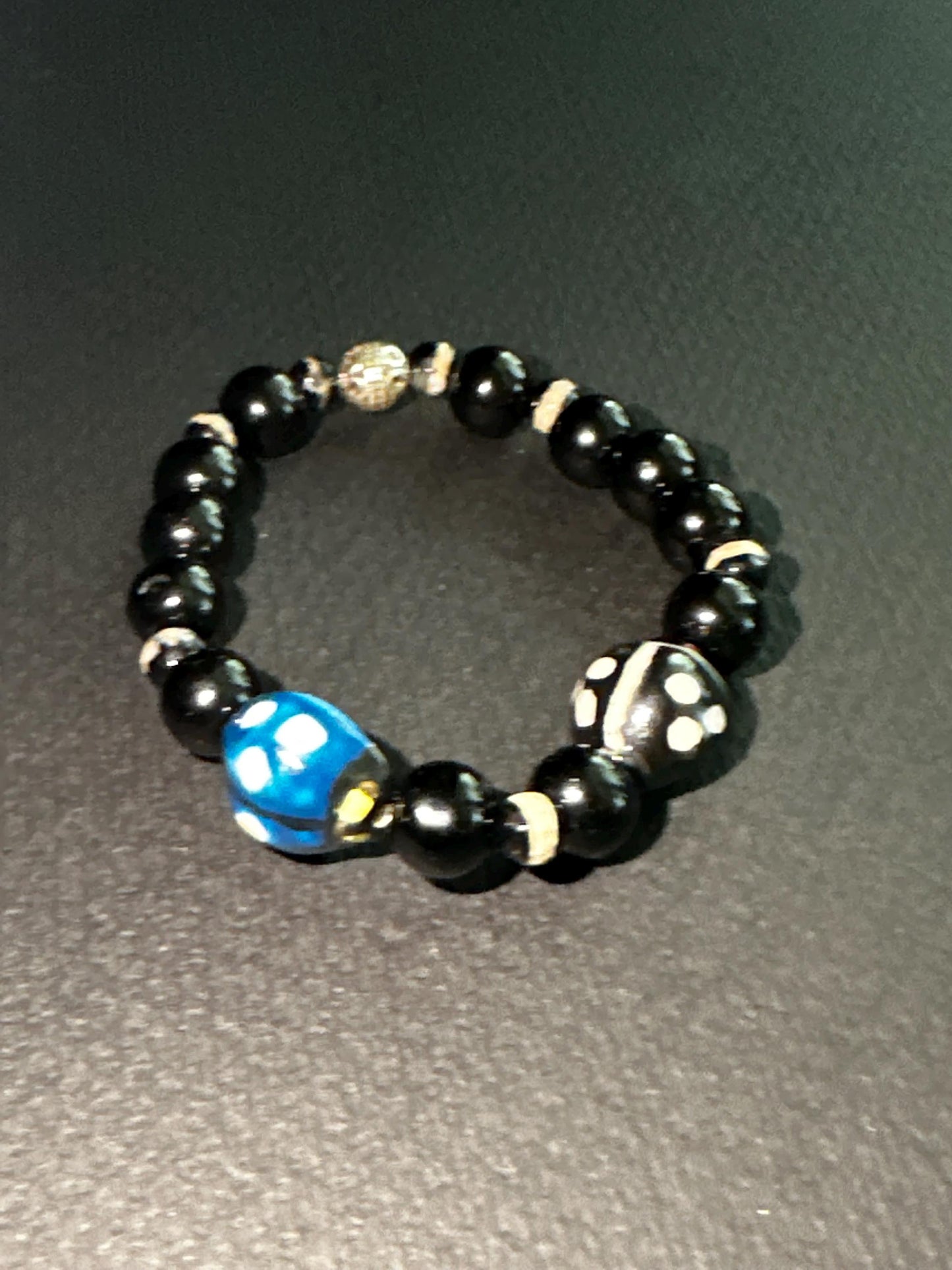 Ladybug Beaded Bracelet: Black, White & Blue Glass Ceramic - 7.5"