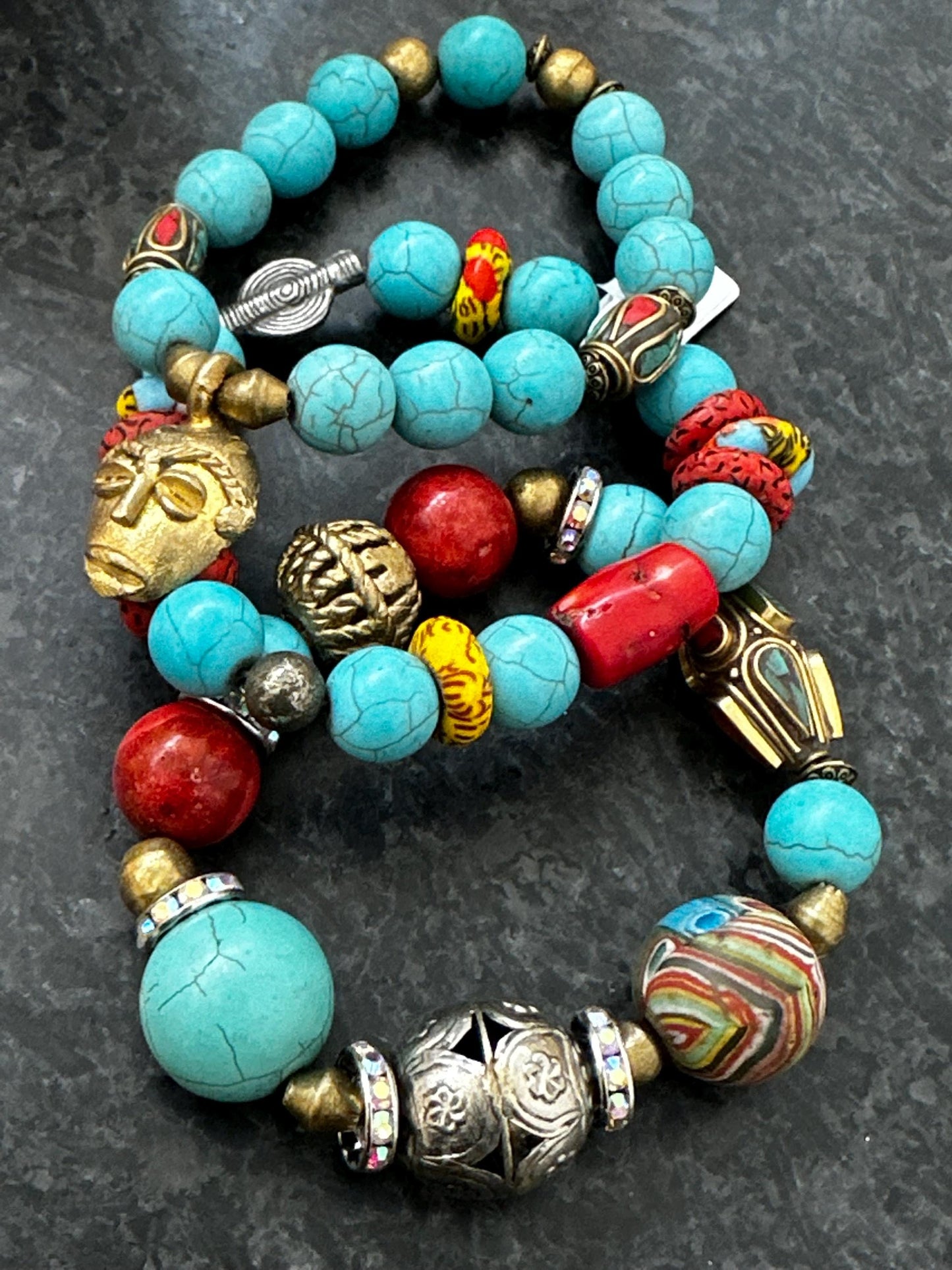 Turquoise Howlite Bracelet: Recycled African Glass & Silver Sundial - Boho Unisex