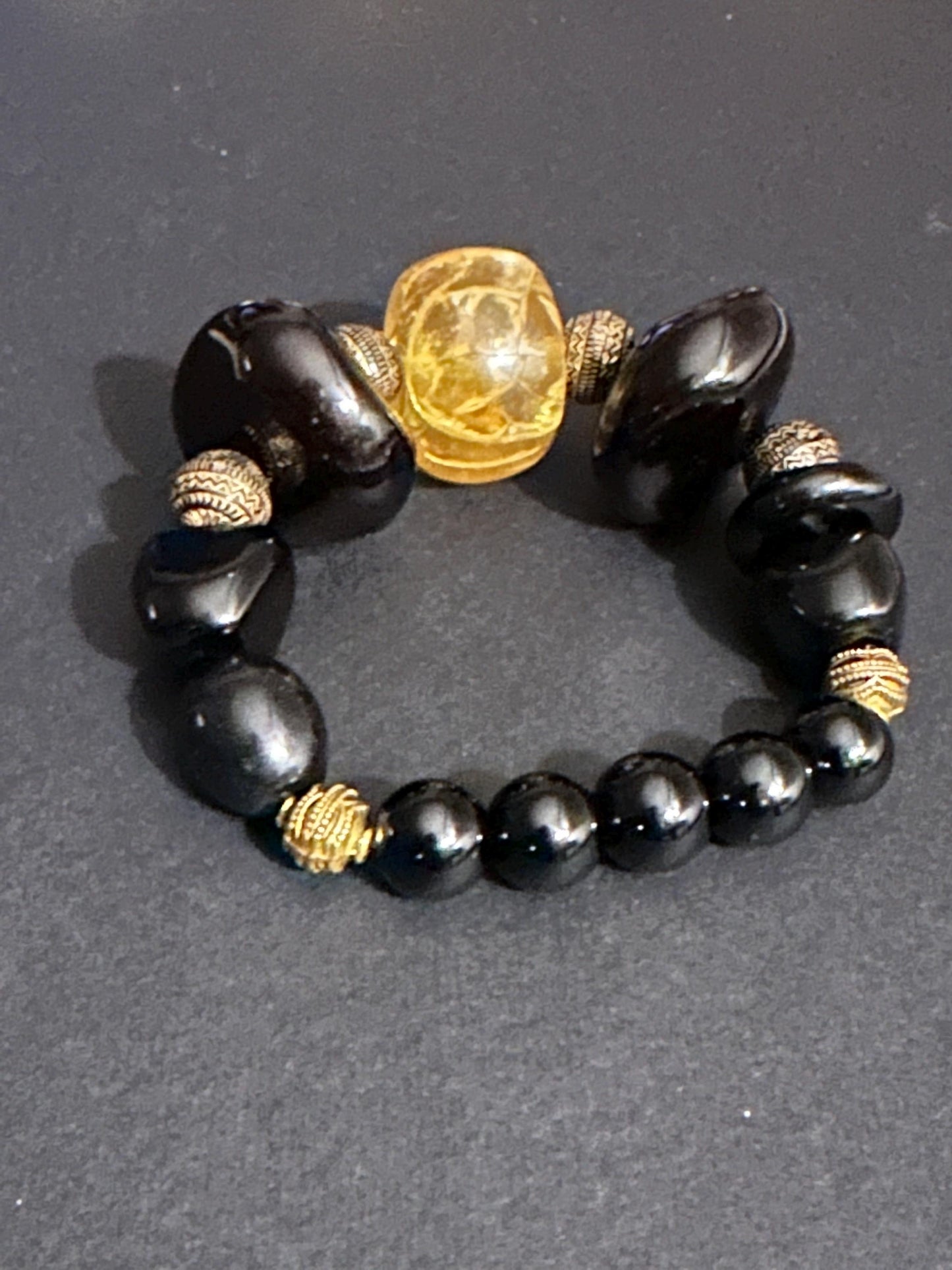 Handmade Chunky 24 mm Black Beads and Yellow Unisex Beaded Statement Stretch Bracelet