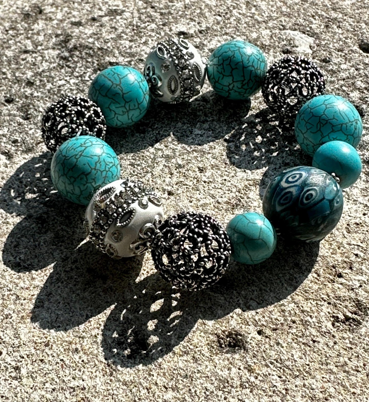 Turquoise Howlite Beaded Bracelet with Embellished White and Silver Metal Beads