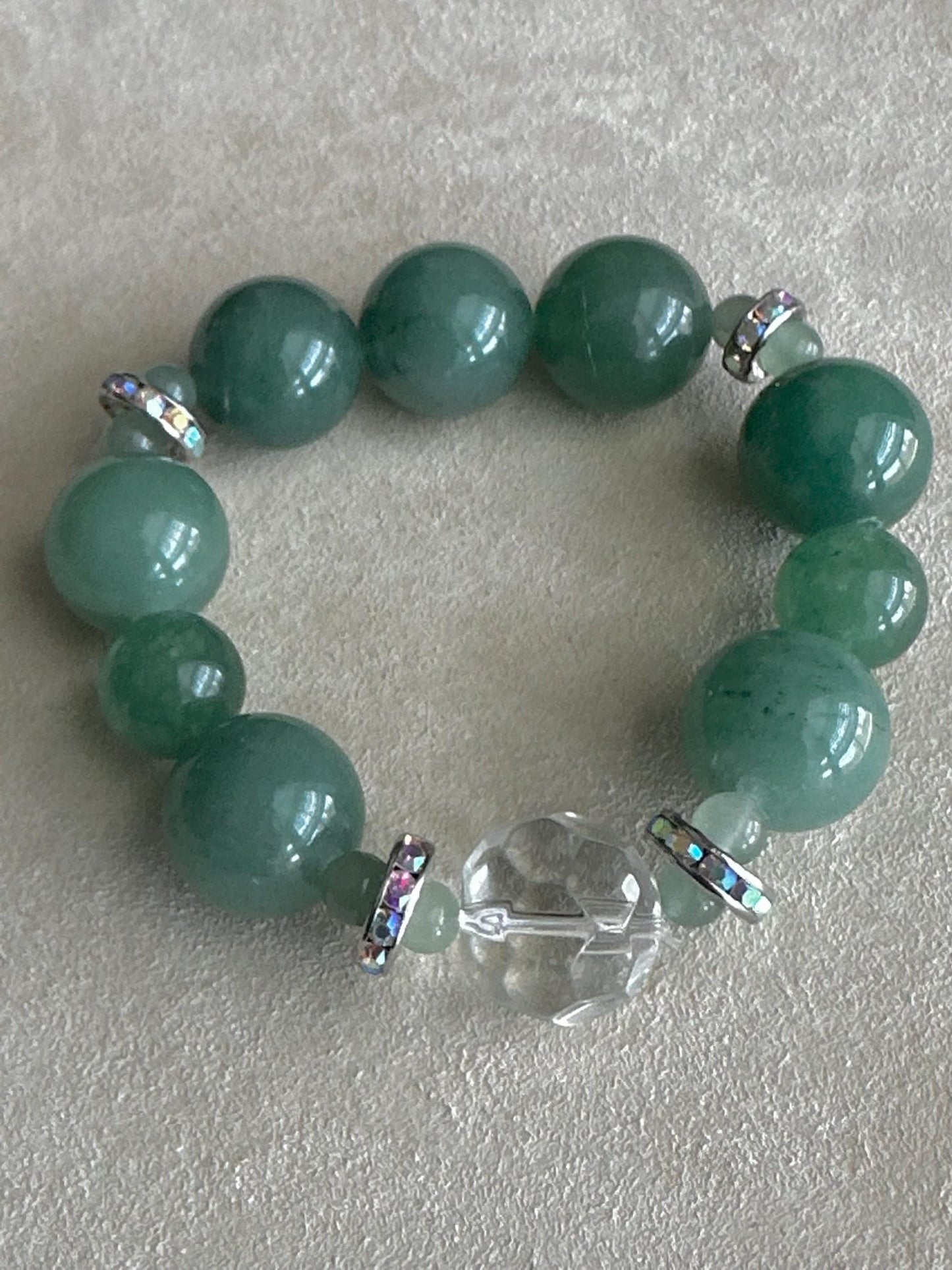 Chunky Green Aventurine Bracelet with Clear and Rhinestone Accent Beads