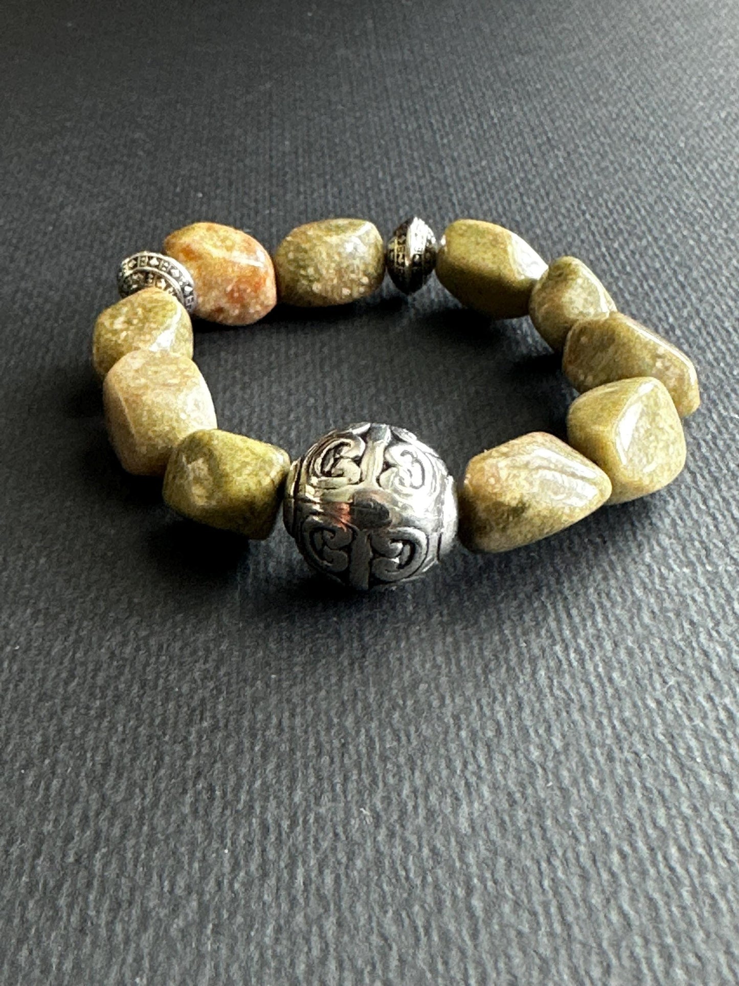 Earthtone Nugget Bracelet: Ornate Silver Focal, Handmade Gemstone Beads