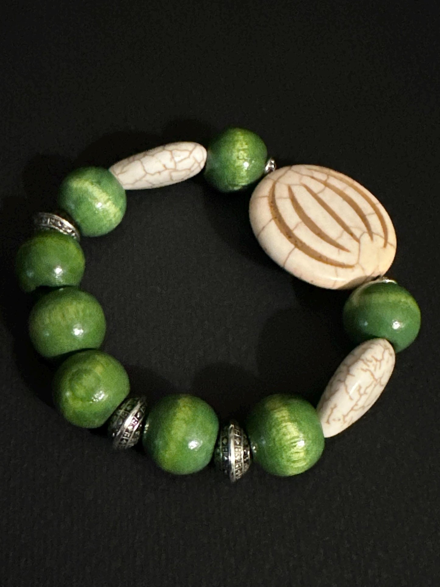 Pink Wood and Green Ceramic Bracelet | Handmade Jewelry | Beaded Bracelet by Trecie’s Shoppe