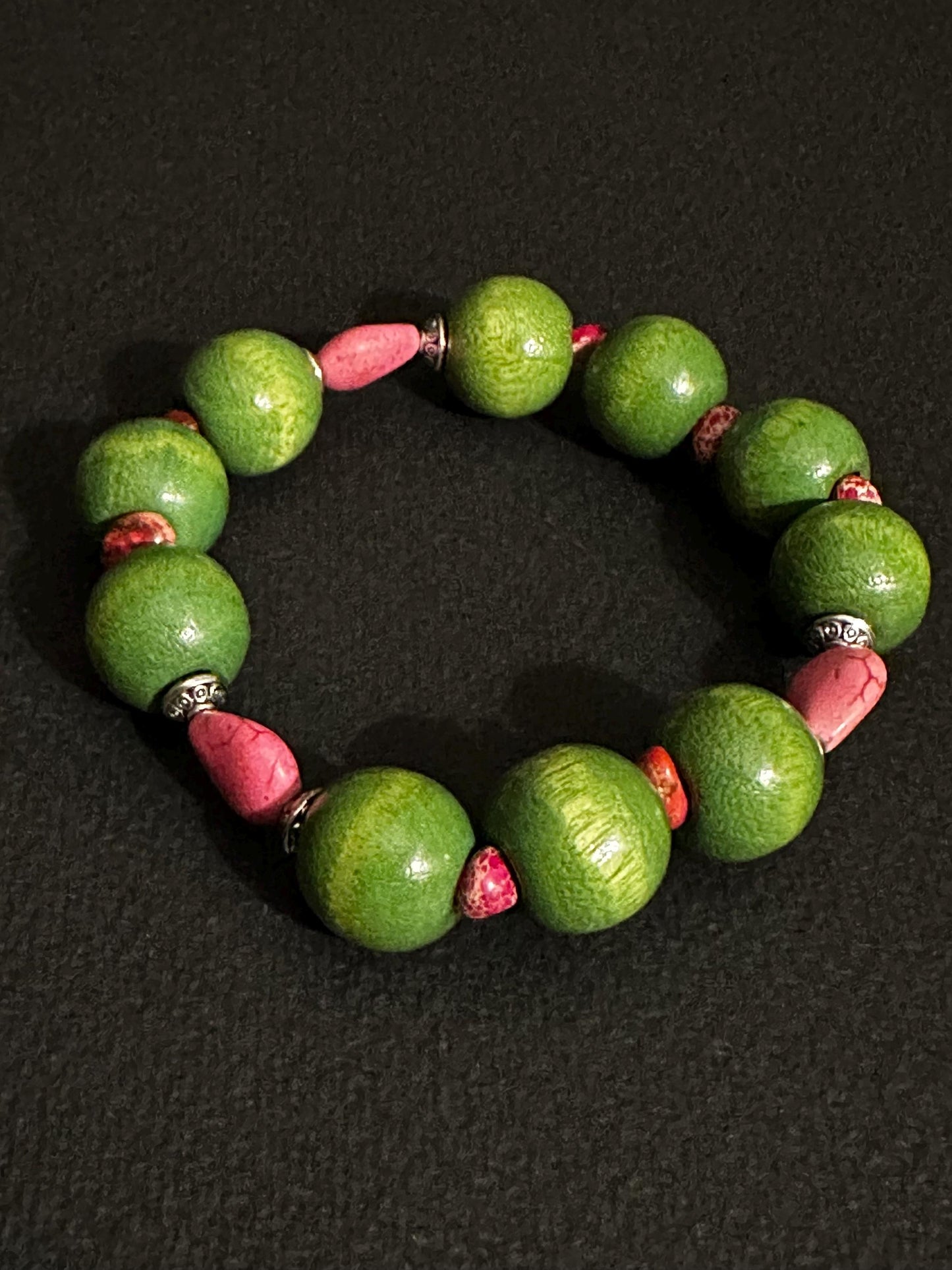 Pink Wood and Green Ceramic Bracelet | Handmade Jewelry | Beaded Bracelet by Trecie’s Shoppe