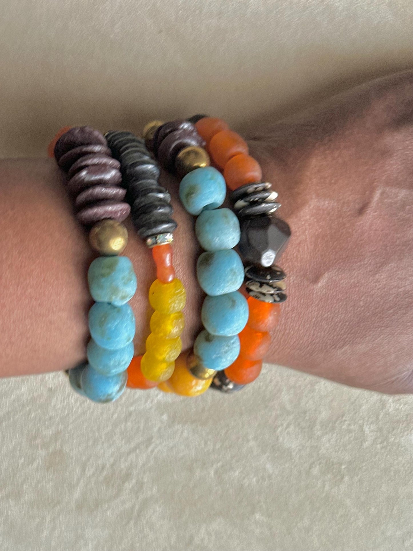 Recycled African Glass Bead Bracelet | Earthy Boho Stretch Jewelry