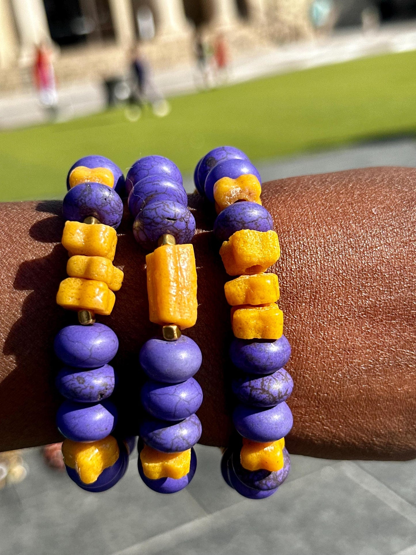 Purple and Gold Unisex Ceramic and Krobo Beaded Stackable Bracelets